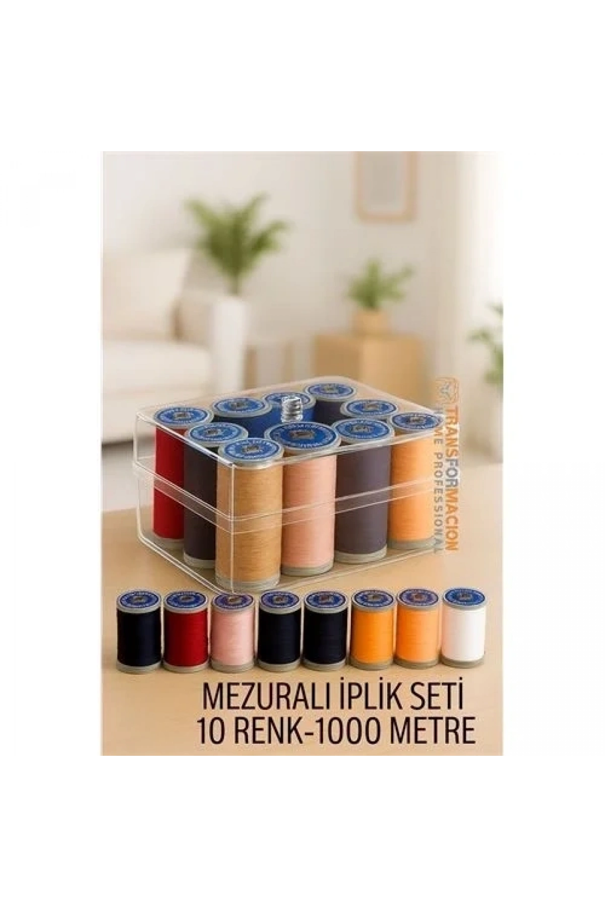 Dikiş İpliği Seti - 10 Renk 1000 Mt Kutulu Mezuralı Dikiş Seti 722076