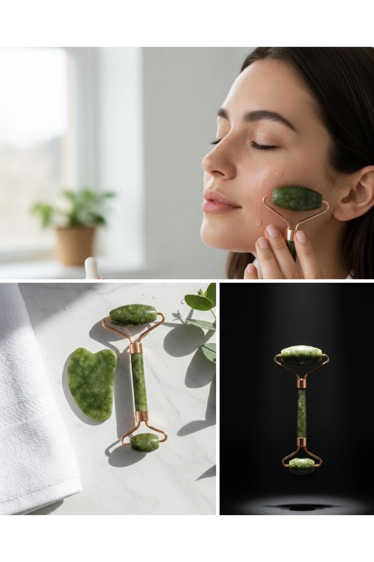 Doğal Yeşim Roller ve Gua Sha Yüz Şekillendirme Seti