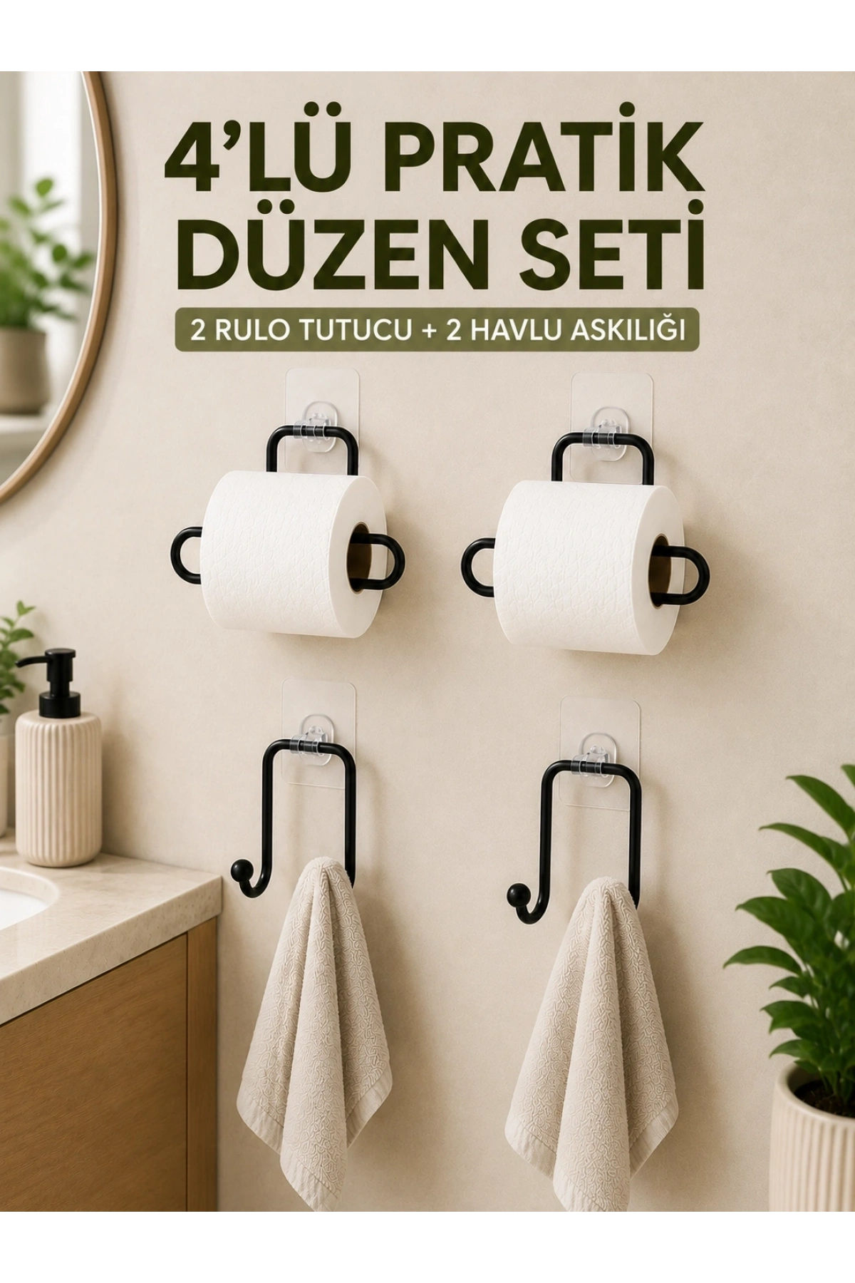 Duvara Yapışkanlı Rulo Kağıtlık ve Havlu Askılığı 2’şer Adet 4’lü Set