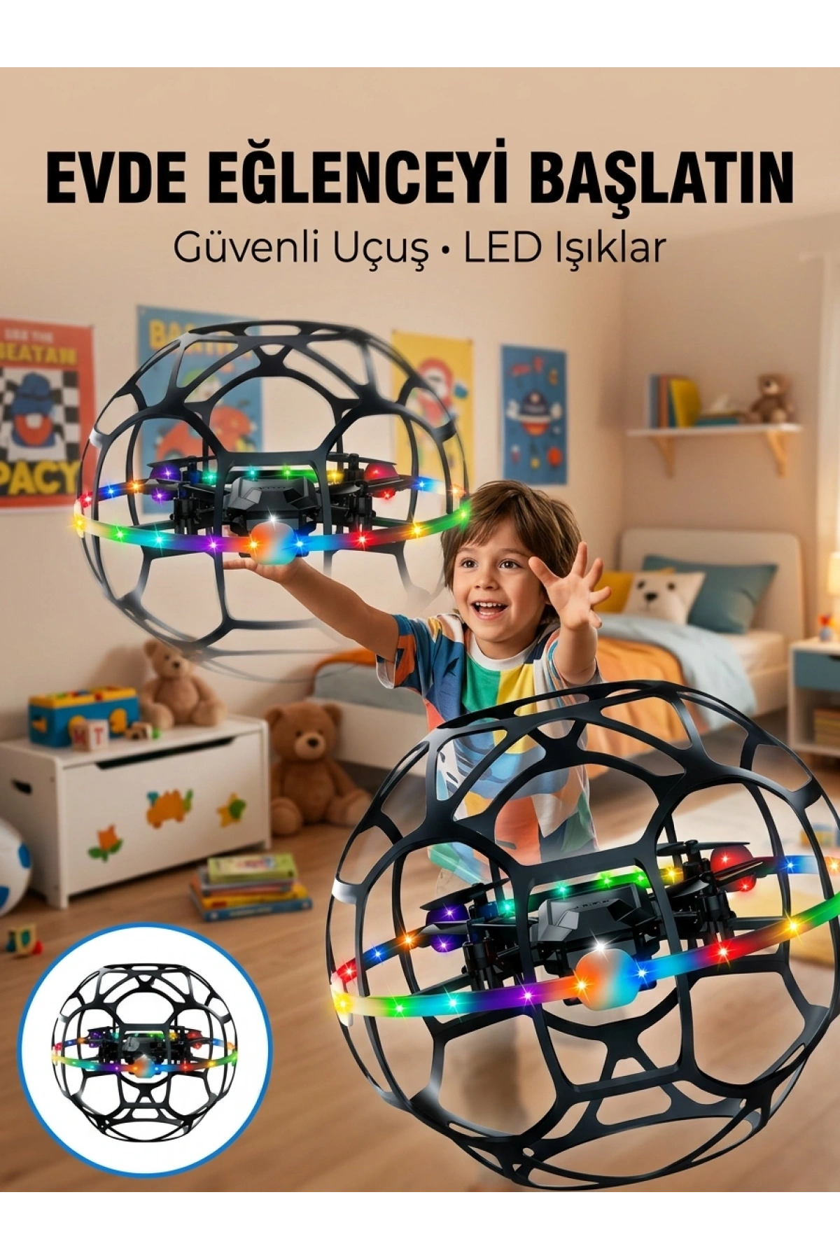 El Hareketi Kontrollü Futbol Topu Tasarımlı Drone LED Işıklı