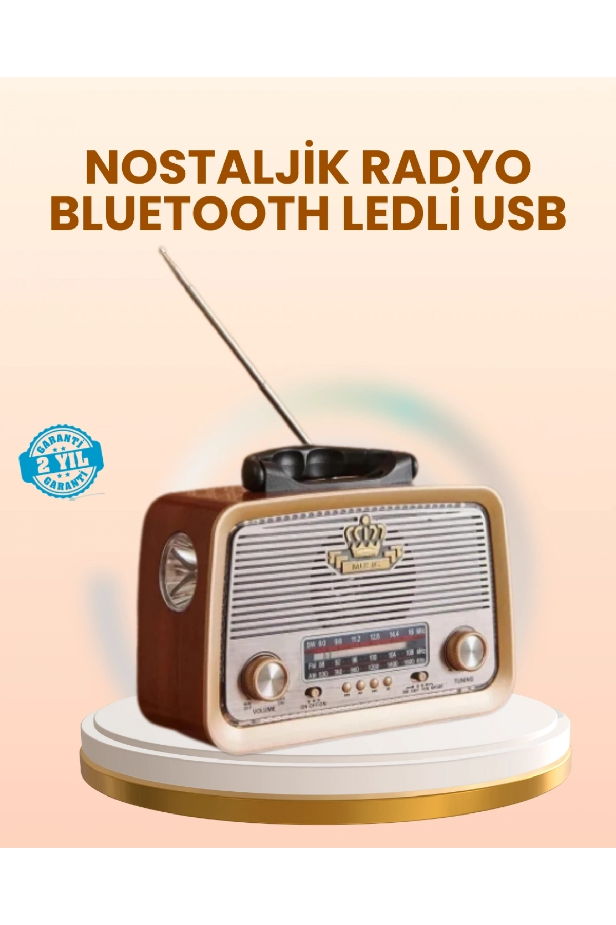 Eskitme Tasarımlı Ahşap Bluetooth Radyo LED Aydınlatmalı