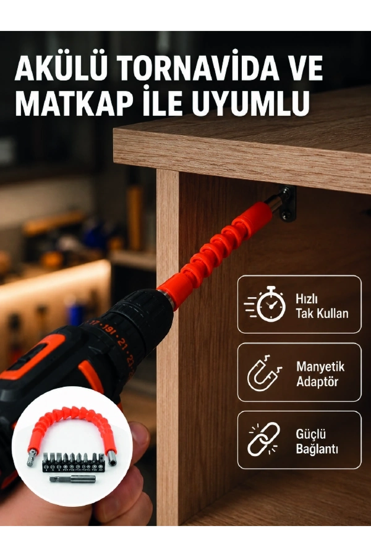 Esnek Bits Uç Seti 12 Parça Manyetik Adaptörlü Matkap Tornavida Aksesuarı