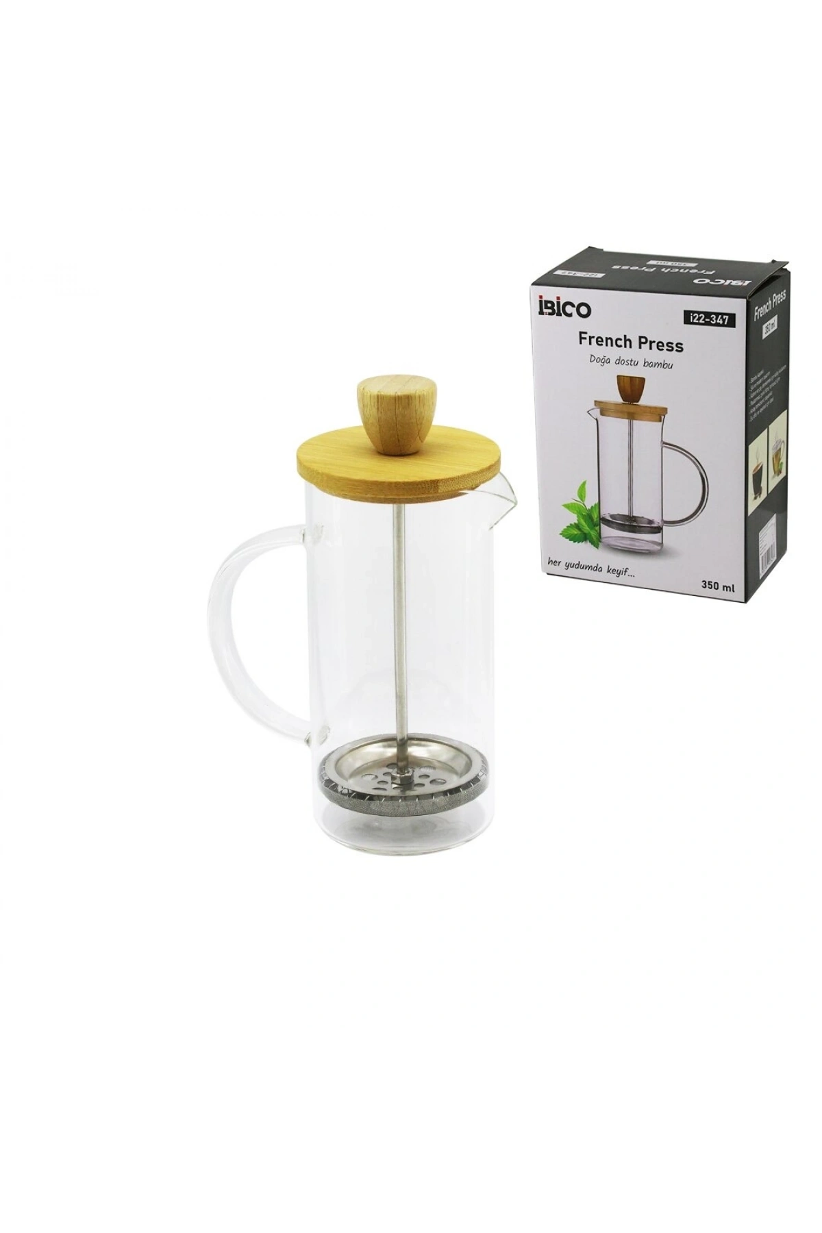 FRENCH PRESS BAMBU KAPAK 350ML CAM BİTKİ SÜZGEÇİ (5047)