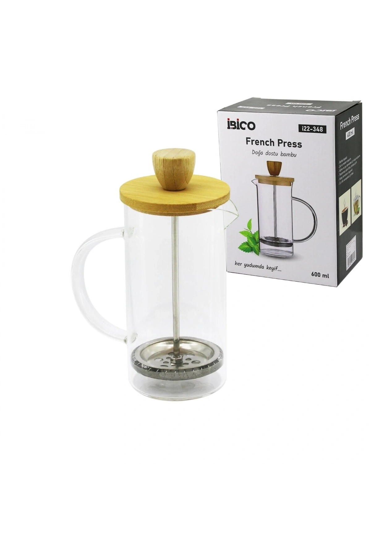 FRENCH PRESS BAMBU KAPAK 600ML CAM BİTKİ SÜZGEÇİ (5047)
