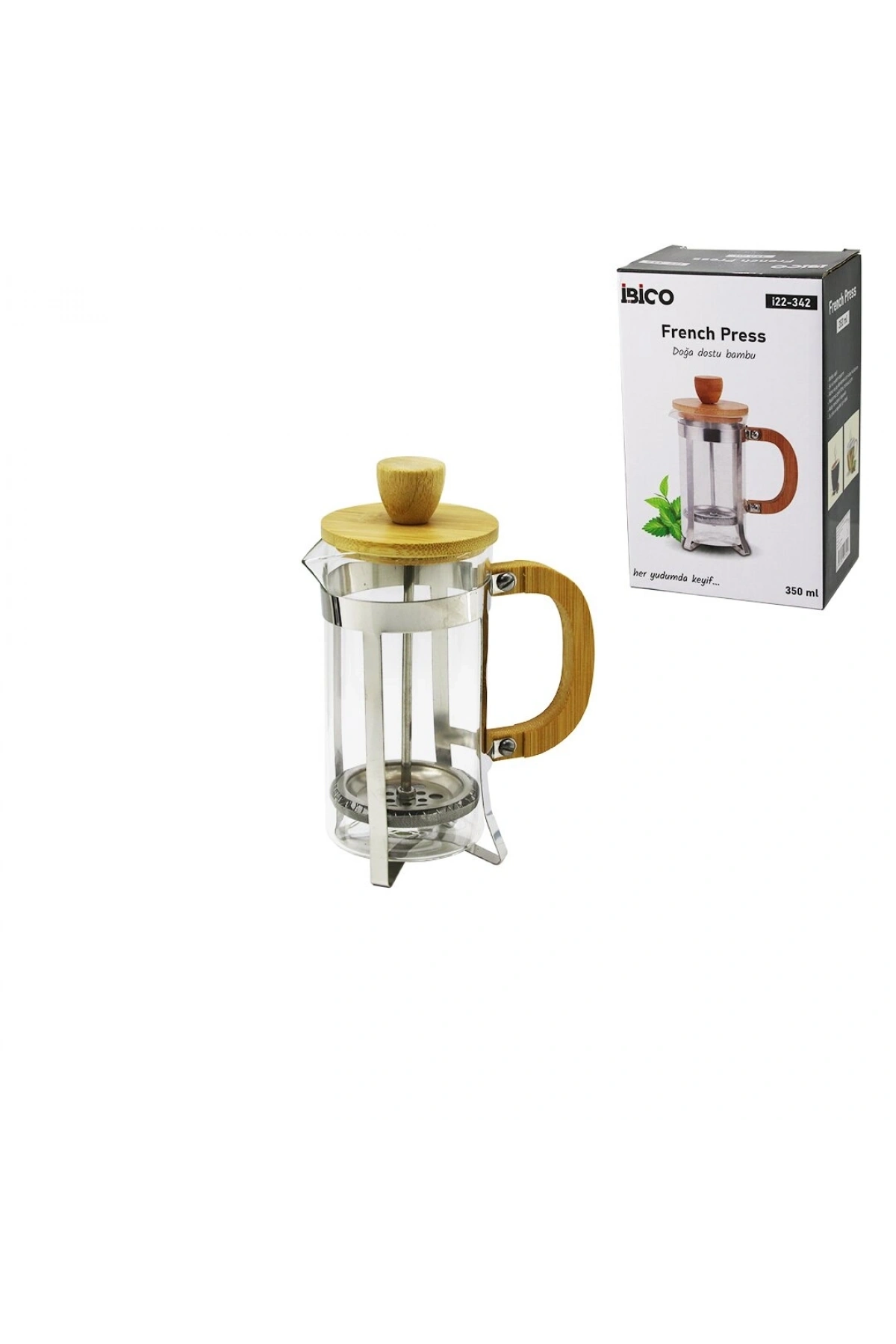 FRENCH PRESS METAL KAFES - BAMBU SAP BAMBU KAPAK 350ML CAM BİTKİ SÜZGEÇİ (5047)