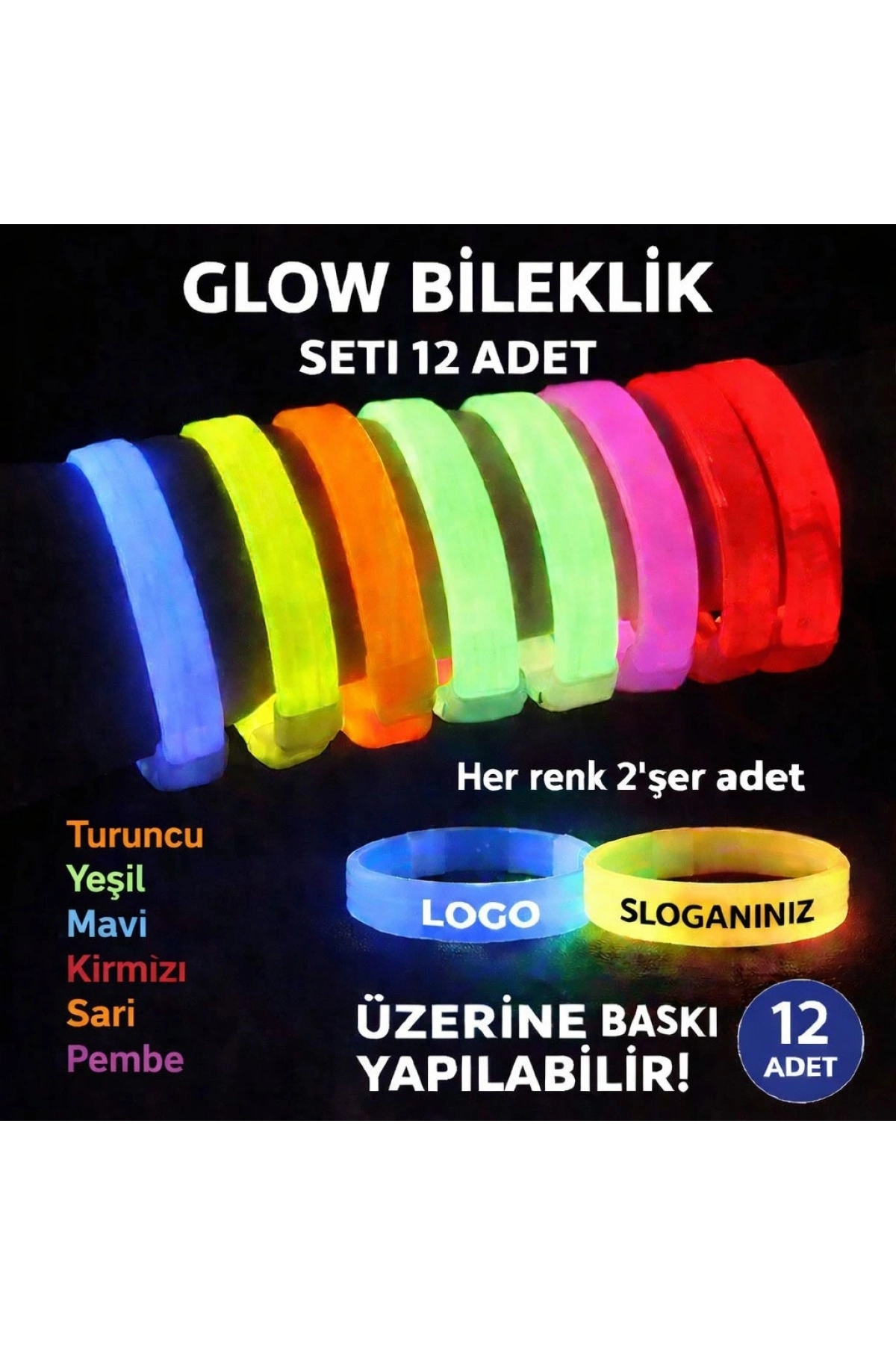 Glow Kalın Bileklik 12’li Set | Baskıya Uygun Renkli Model (5047)
