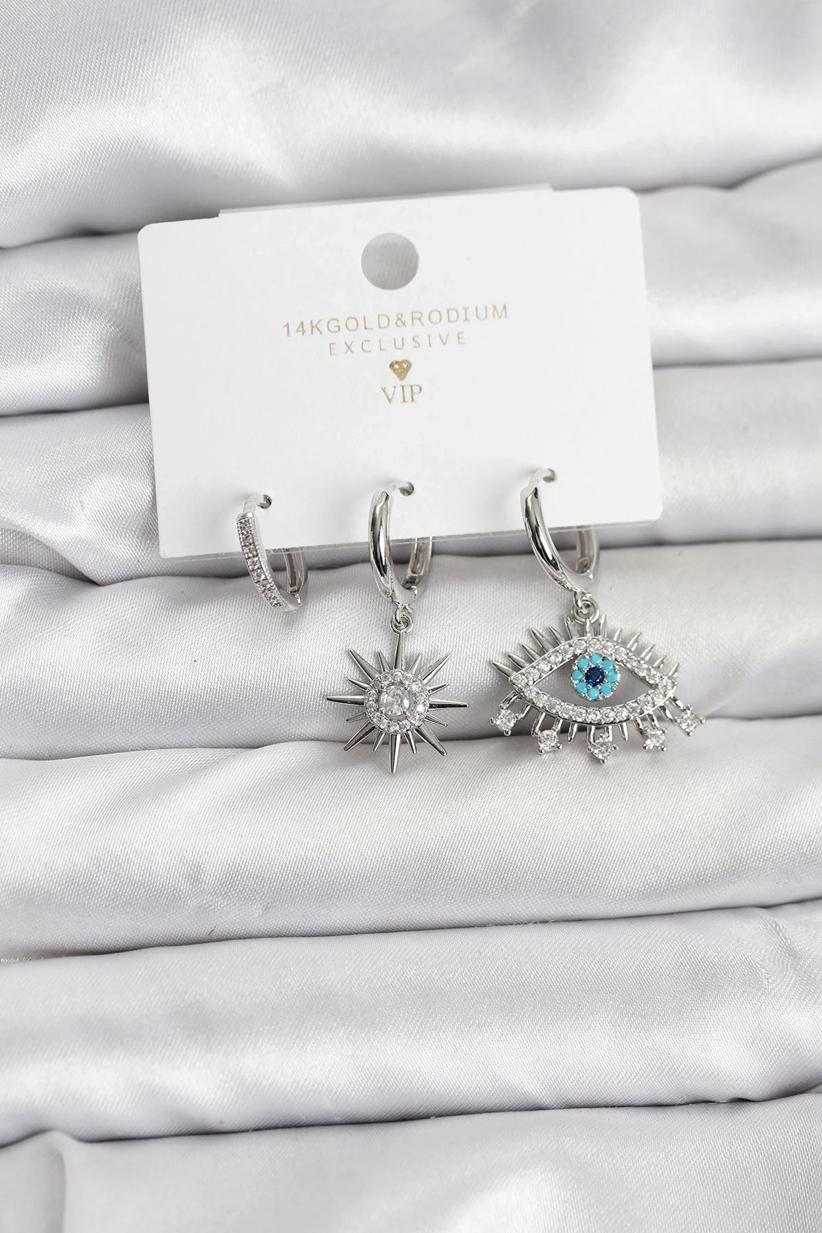 Göz Model Gümüş Renk Pirinç 3lü Kadın Küpe Seti