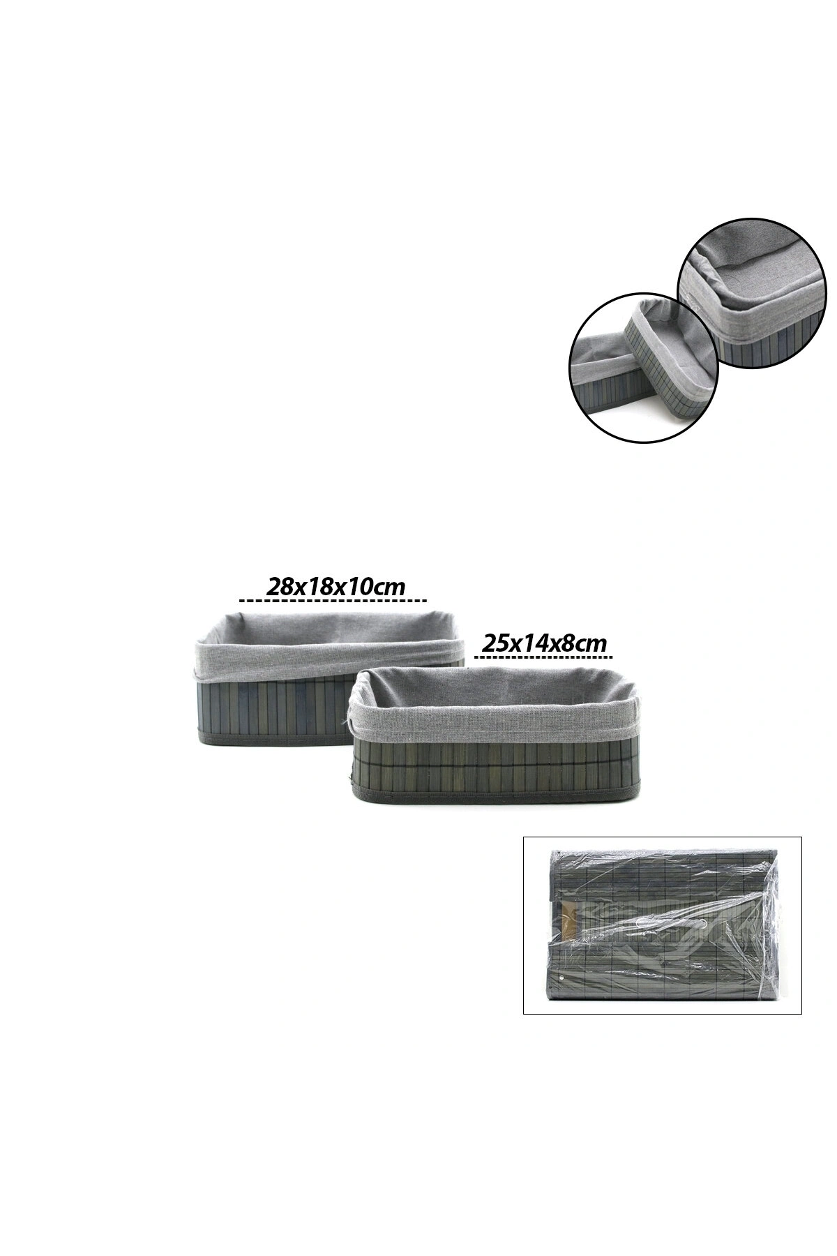 GRİ 2 BOY D.DÖRTGEN BAMBU KENAR ORGANİZER SEPET AHŞAP ALTLIK - BEZLİ 25X14-28X18CM (5047)
