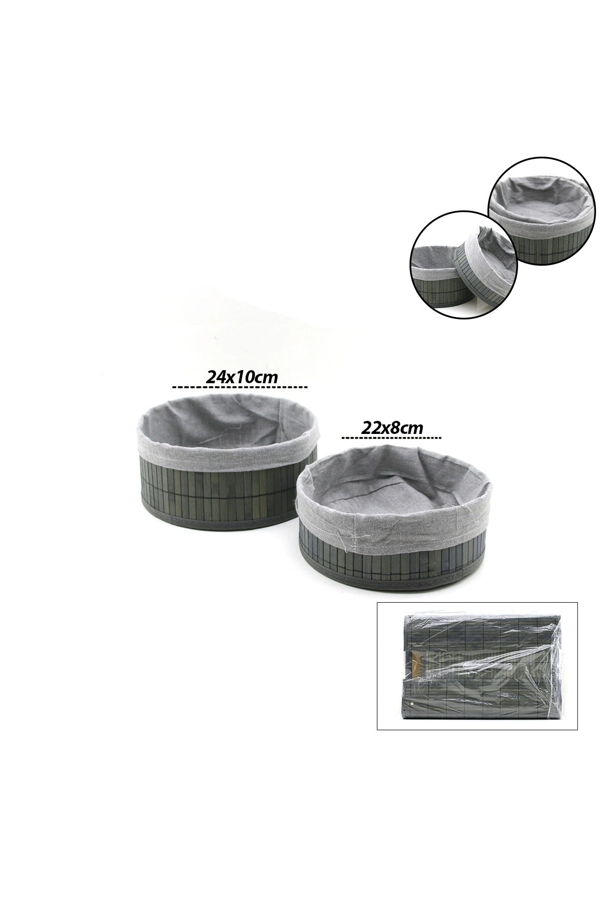 GRİ 2 BOY YUVARLAK BAMBU KENAR ORGANİZER SEPET AHŞAP ALTLIK - BEZLİ ÇAP=22X24CM (5047)
