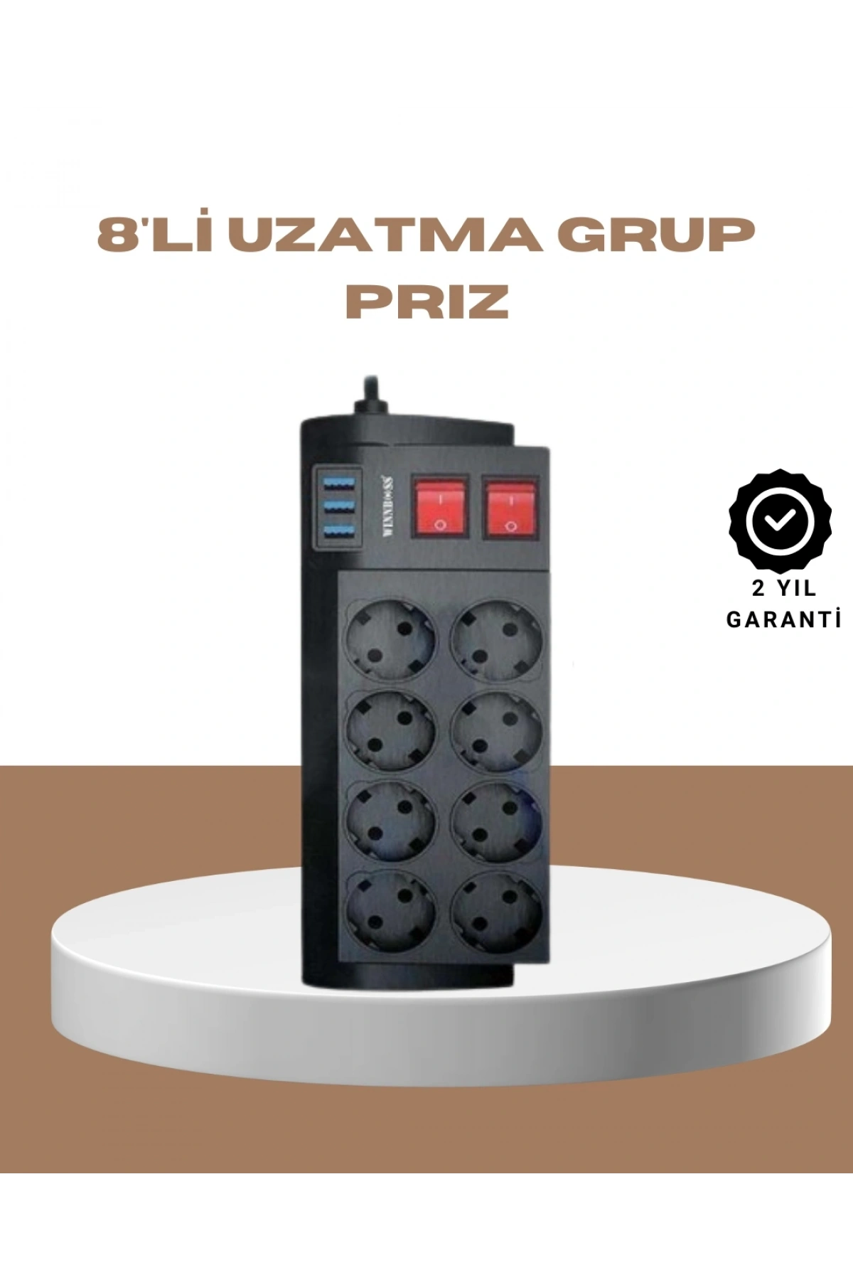 Güçlü Termal Korumalı 8 Priz + 3 USB Çoklu Uzatma Kablosu 2m