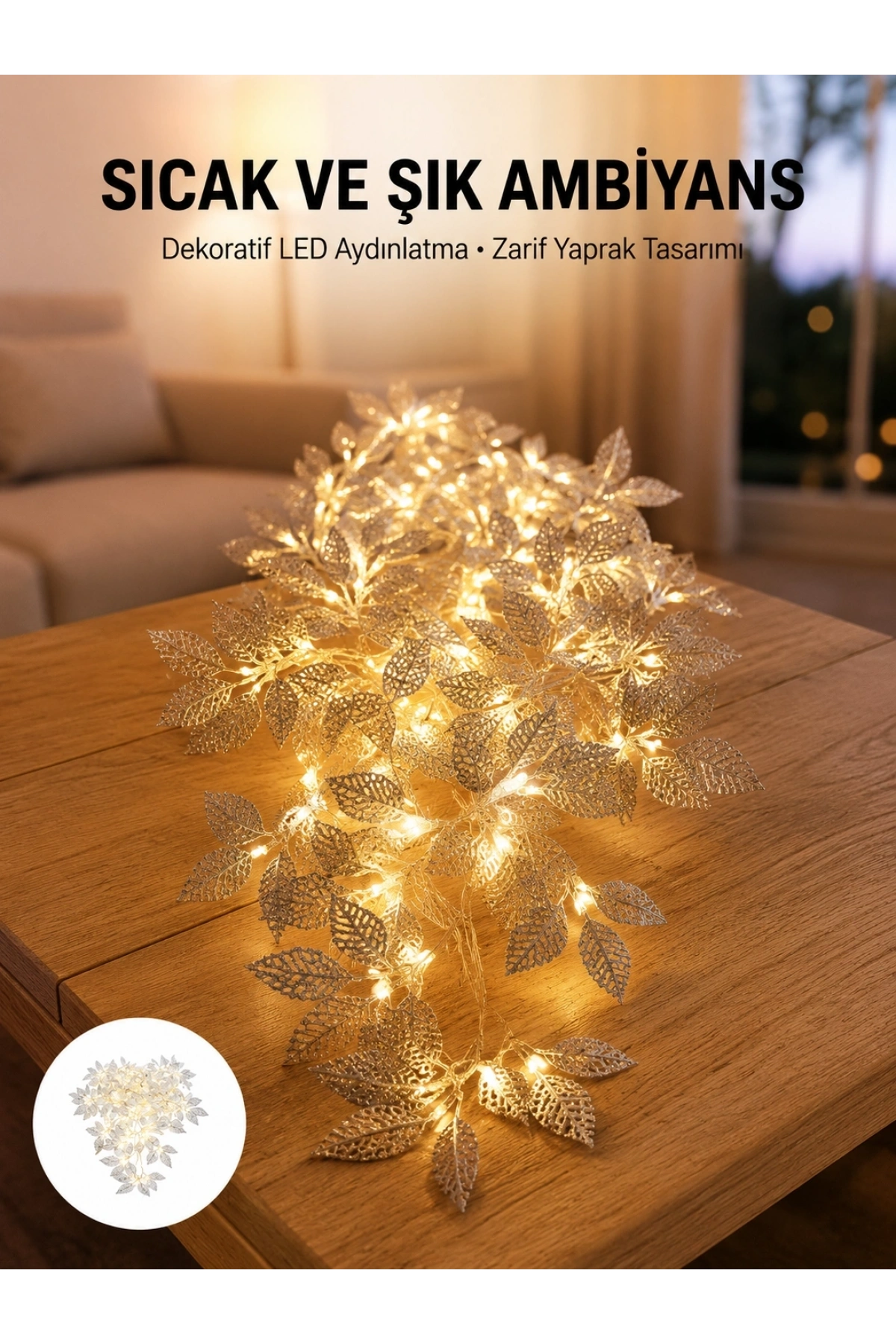 Gümüş Yaprak Tasarımlı LED Işık Pilli Ev ve Vitrin Dekoru