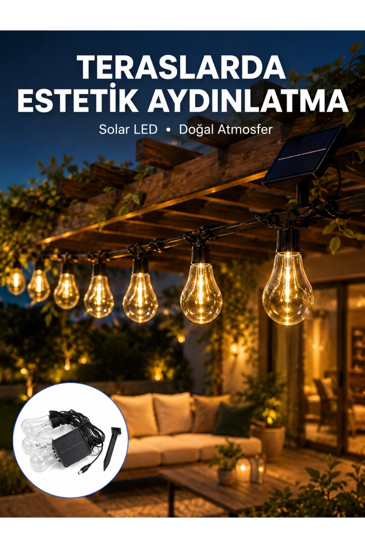 Güneş Enerjili LED Ampul Zincir Işık Sıcak Beyaz Dekoratif Bahçe Aydınlatması