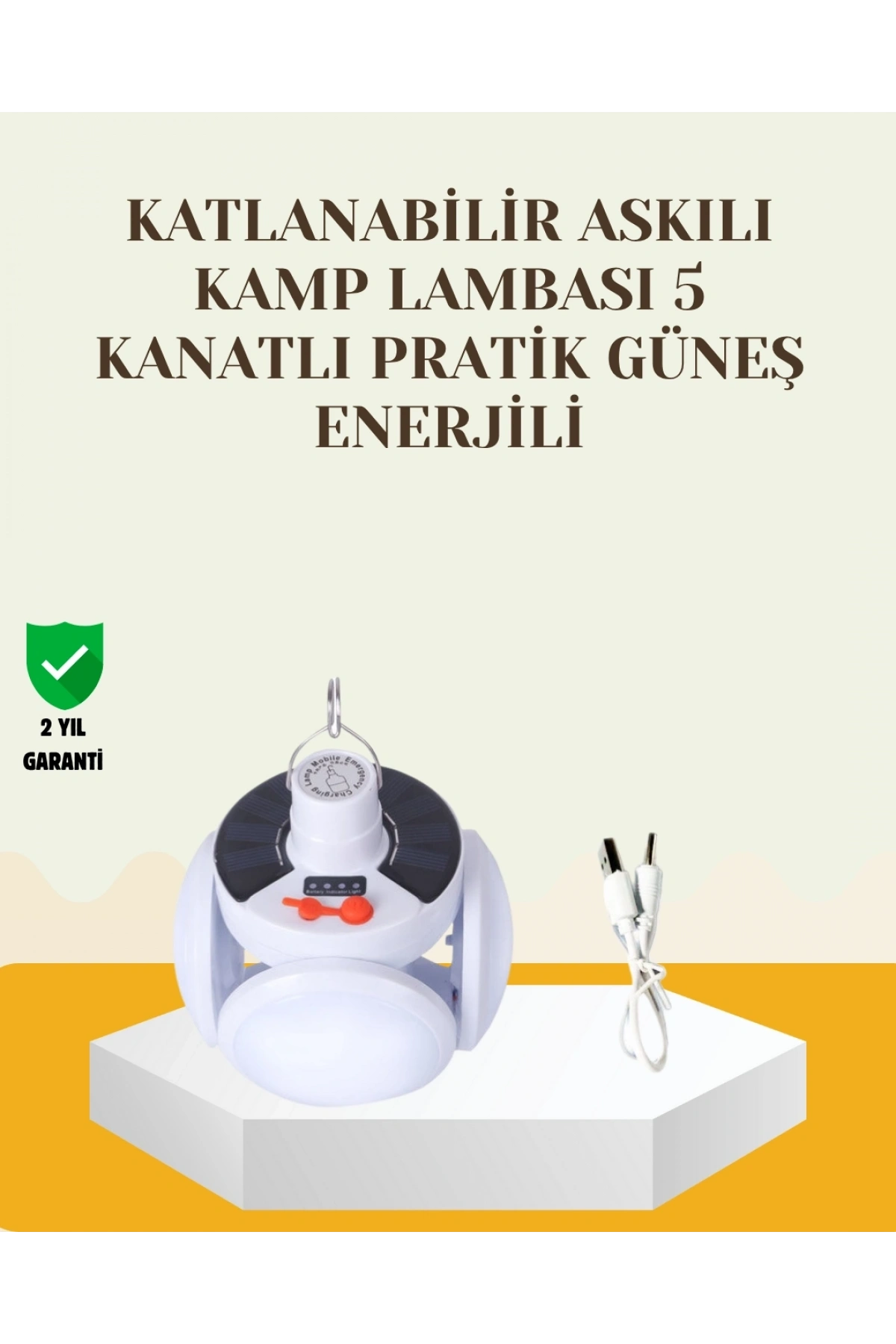 Güneş Paneliyle Şarj Olan Katlanabilir LED Çadır Lambası – 5 Kademeli Aydınlatma