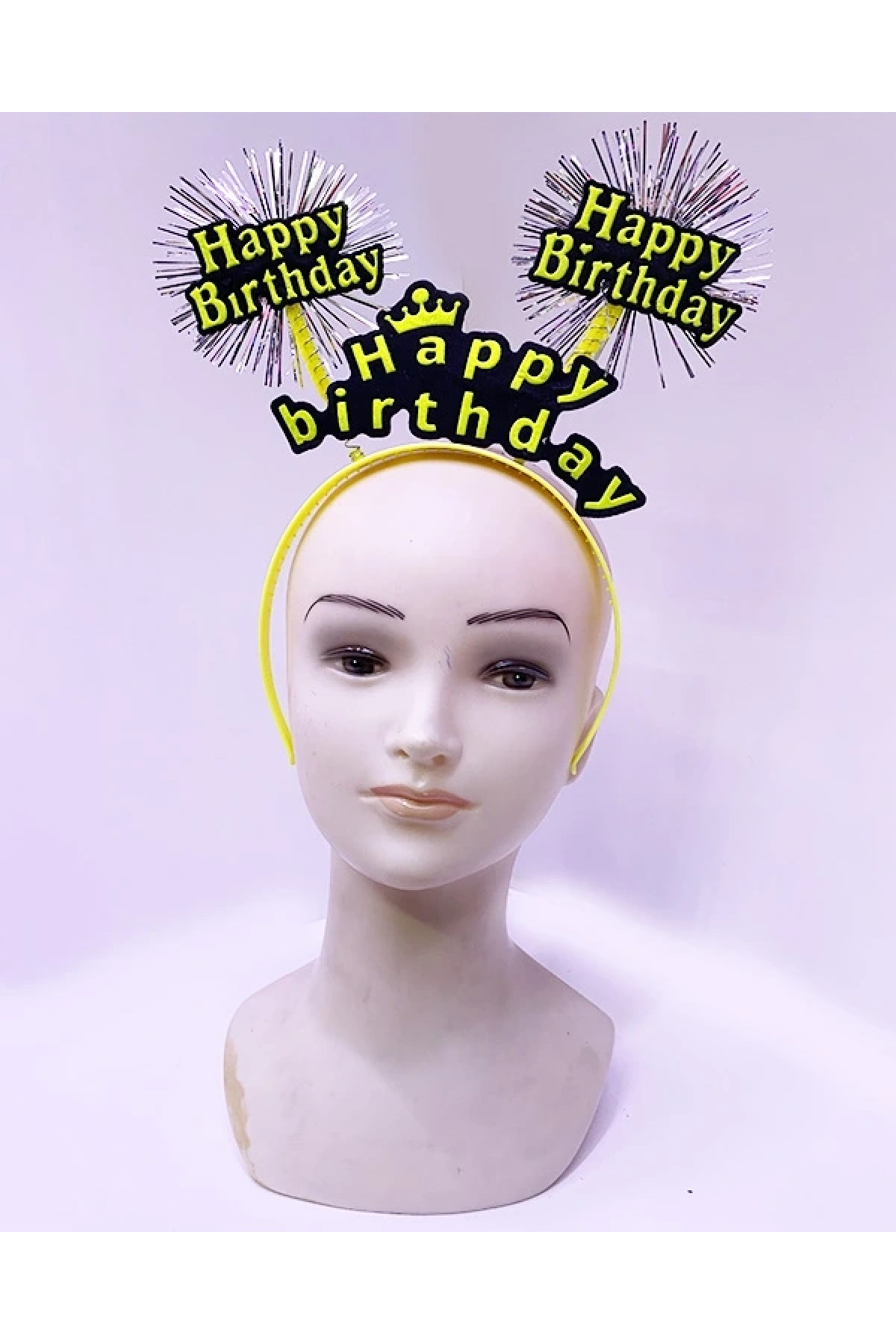Happy Birthday Püsküllü Neon Sarı Renk Doğum Günü Tacı 22x19 cm (5047)