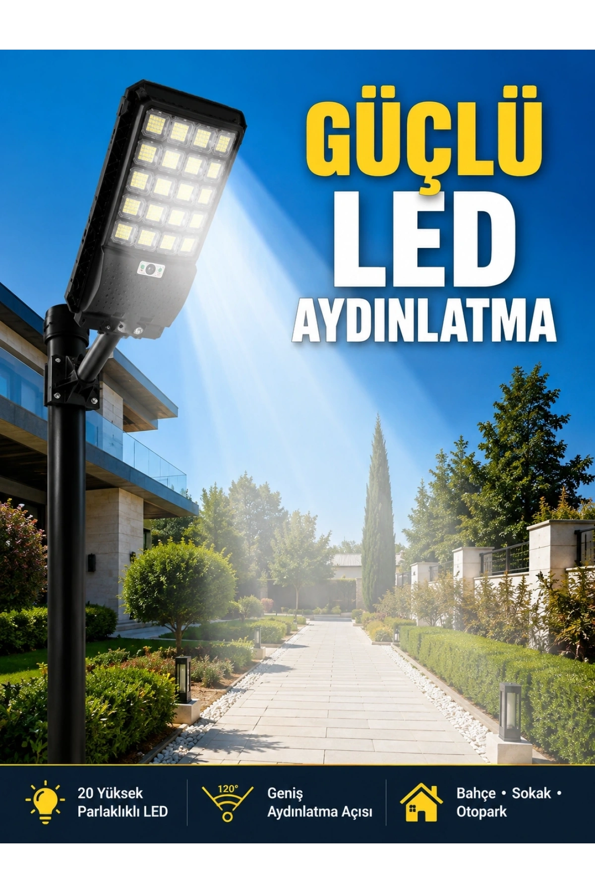 Hareket Sensörlü Solar LED Aydınlatma 3 Modlu Uzaktan Kumandalı Bahçe Lambası
