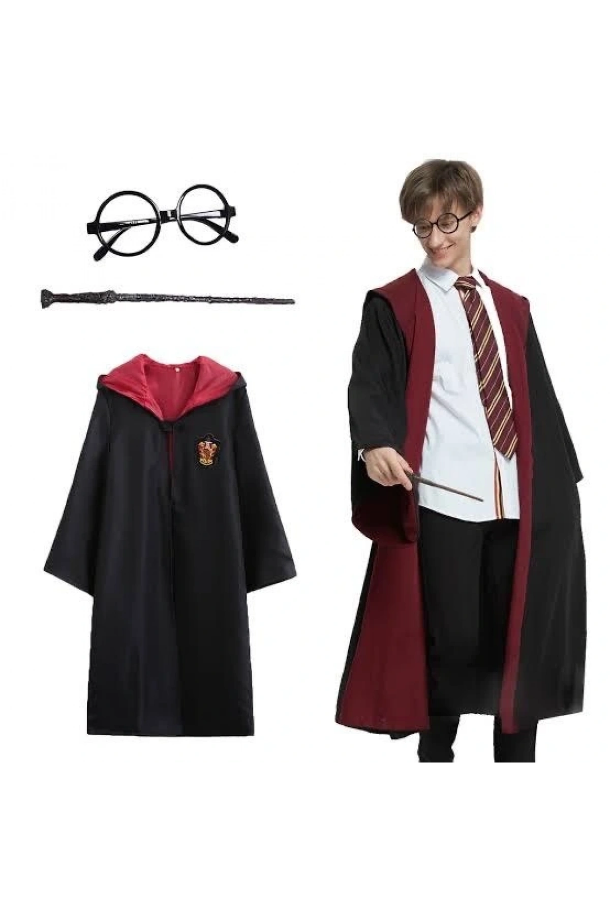 Harry Potter Gryffindor Kapişonlu Çocuk Kostüm + Asa + Gözlük Seti 9-10 Yaş (5047)