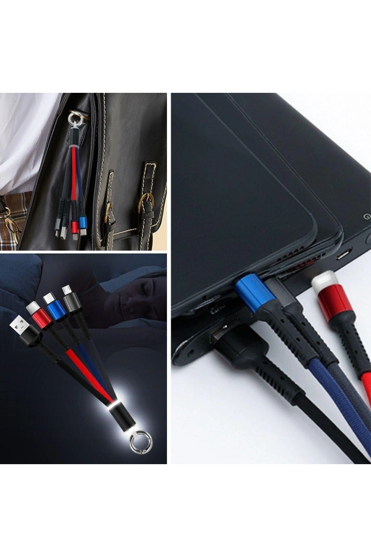 Işıklı Anahtarlık Model 3 in 1 USB Çıkışlı MİKRO,TYPE-C ve İphone Uyumlu Şarj Kablosu (5047)