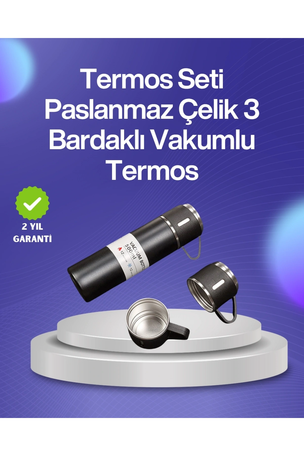 Isıyı Uzun Süre Koruyan 500 ml Termos Seti | Çelik Gövde, 2 Bardaklı, Hediye Kutulu