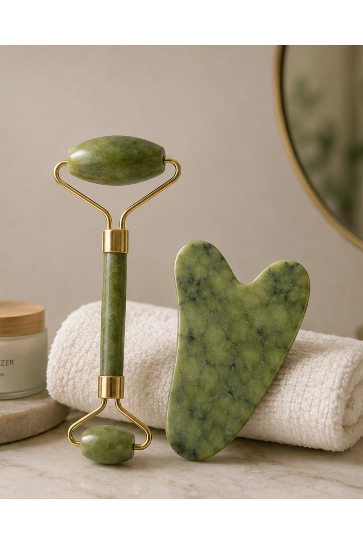 Jade Roller ve Gua Sha Taşı Yüz Bakım Masaj Seti