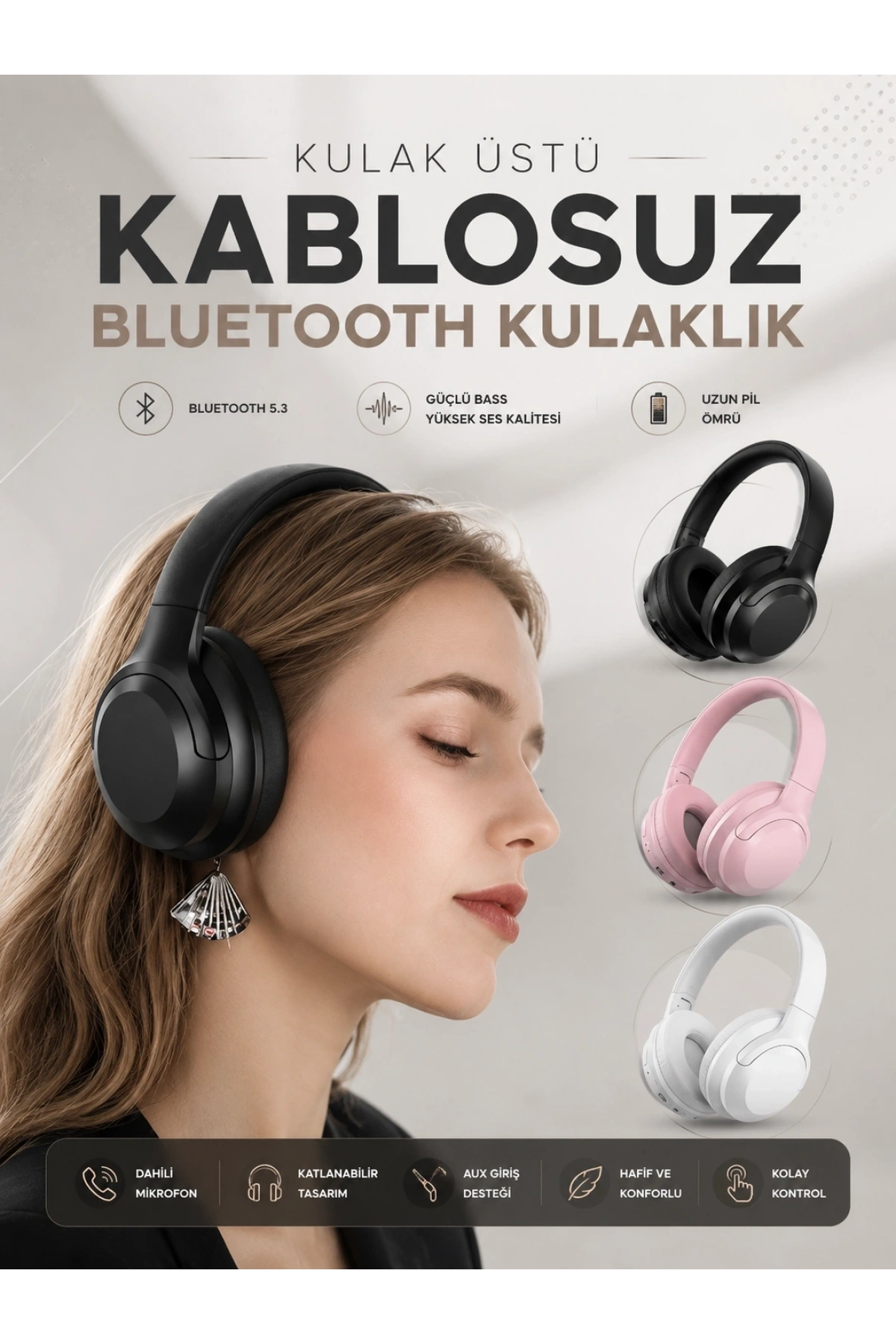 Kablosuz Bluetooth Kulaklık ANC/ENC Destekli Kulak Üstü Yüksek Ses Kaliteli