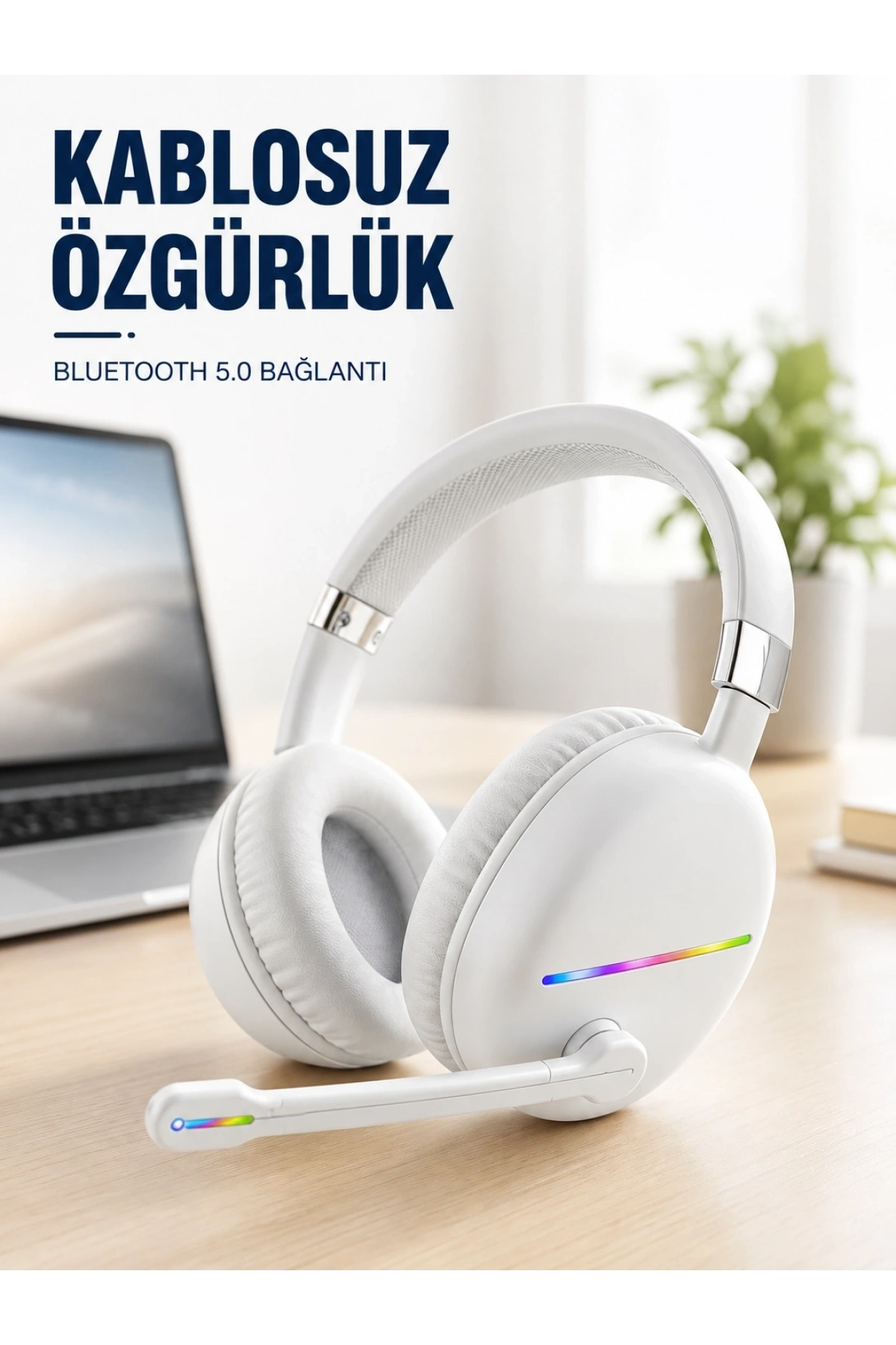 Kablosuz Bluetooth Mikrofonlu Beyaz Kulaklık  RGB Işıklı