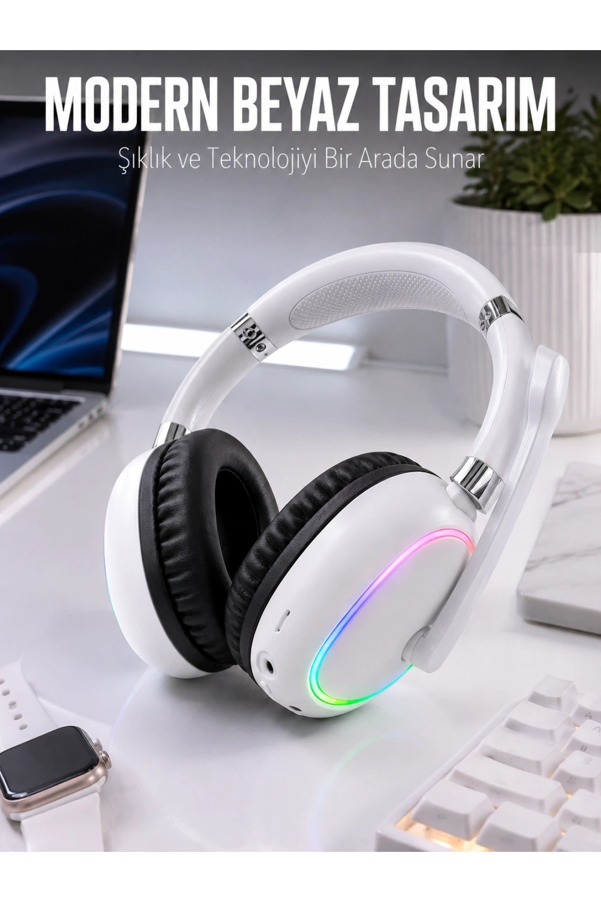 Kablosuz Bluetooth Mikrofonlu Beyaz Kulaklık  RGB Işıklı