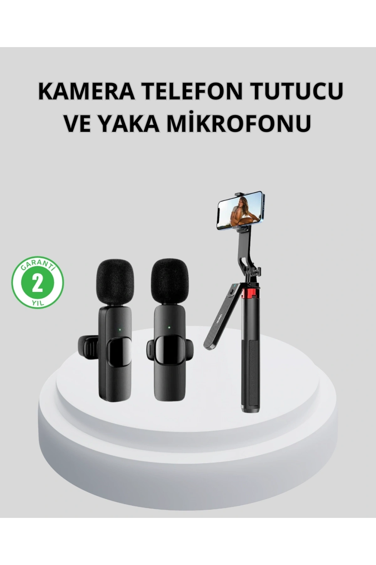 Kablosuz Çift Yaka Mikrofonu ve Tripodlu Selfie Çubuğu İçerik Üretici Seti