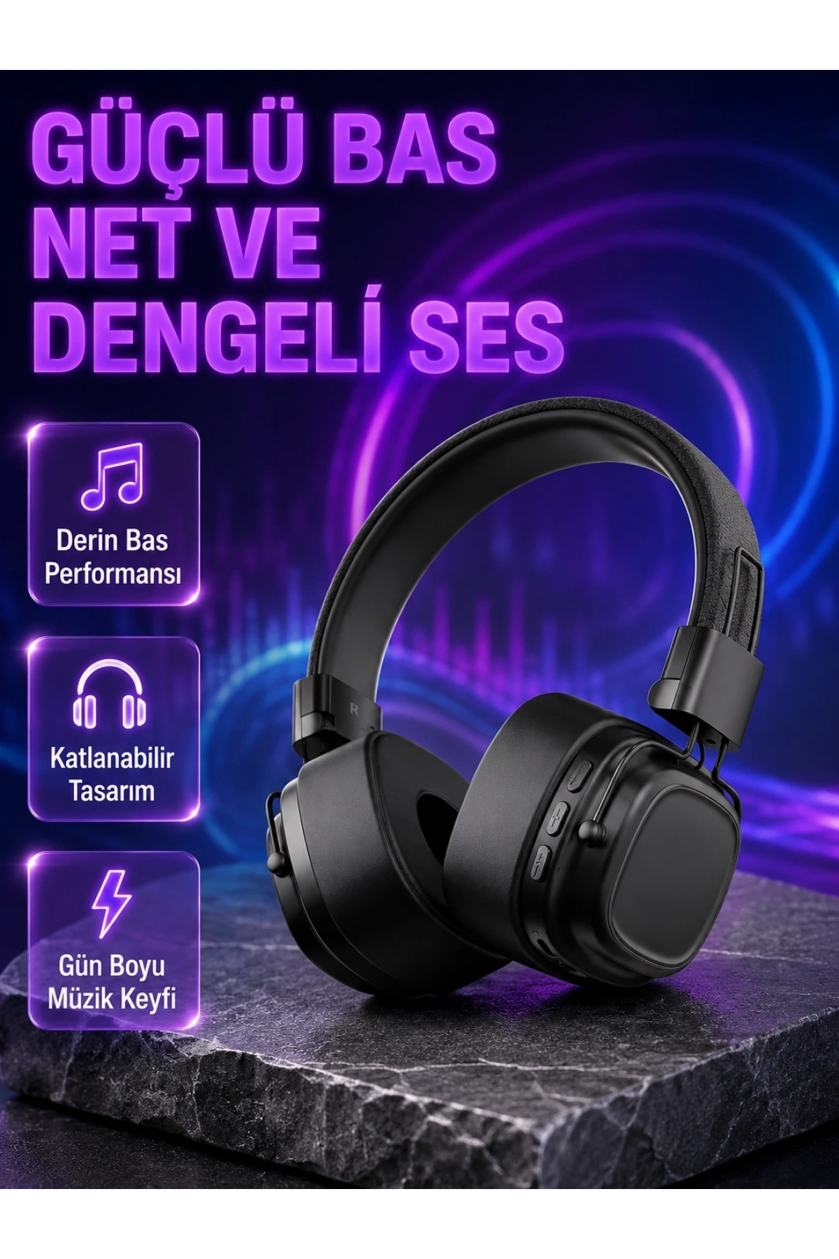 Kablosuz Kulak Üstü Bluetooth Kulaklık Güçlü Bas ve Katlanabilir Tasarım
