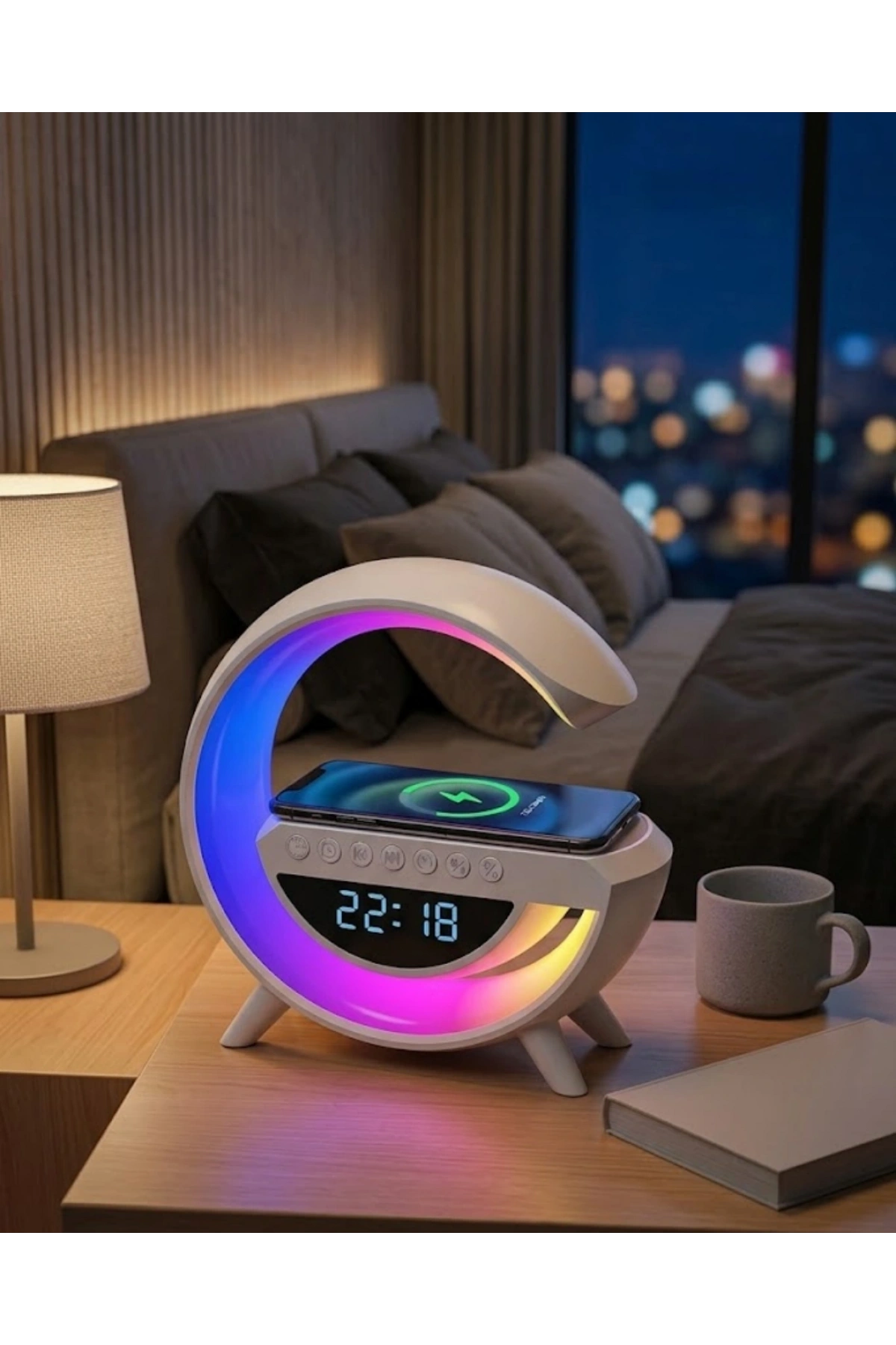 Kablosuz Şarjlı LED Işıklı Masa Saati Bluetooth Hoparlör Alarm Fonksiyonlu