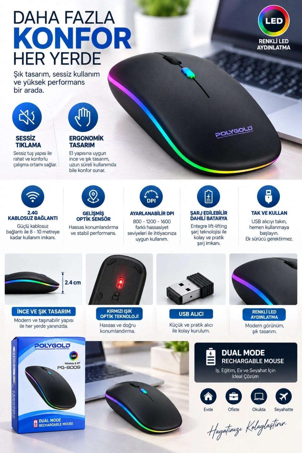 Kablosuz Şarjlı Sessiz Tıklamalı Ergonomik Mouse