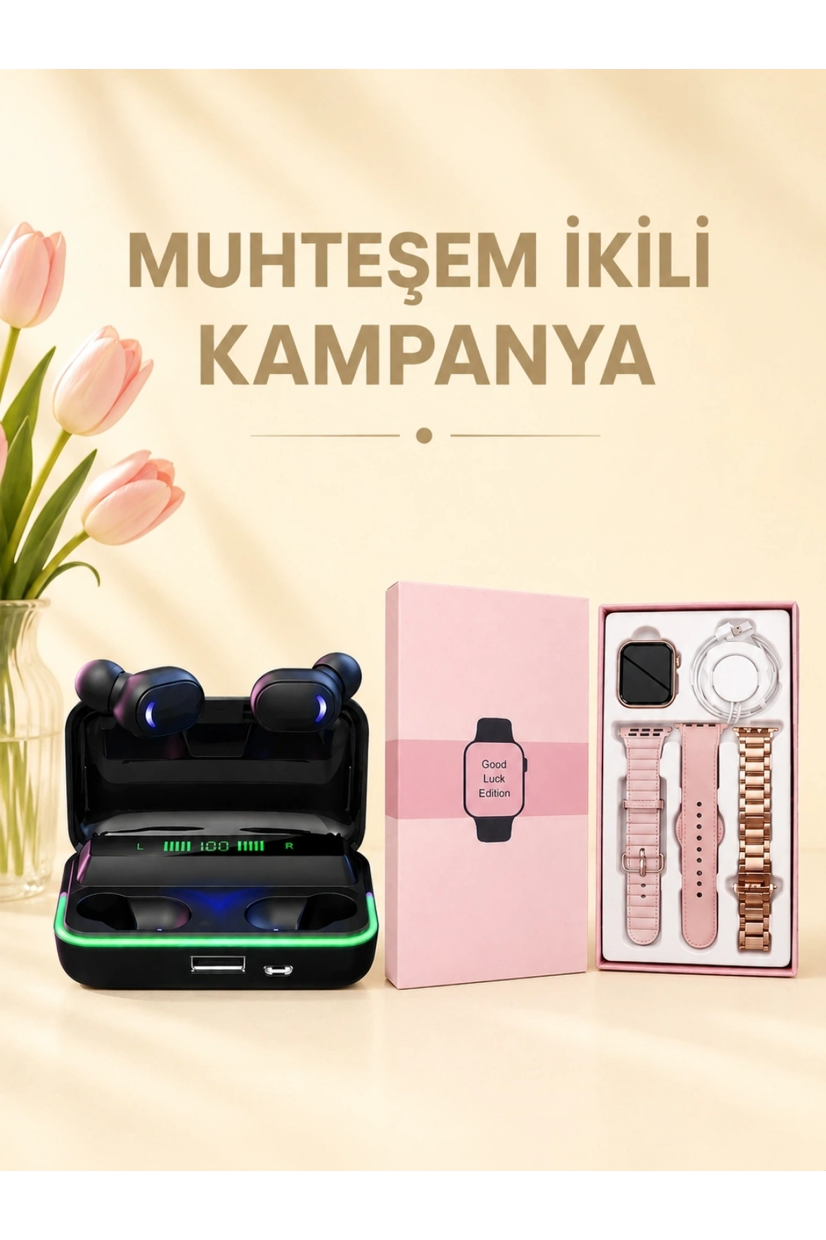 Kadınlara Özel Bileklik Hediyeli Akıllı Saat ve Dijital Göstergeli ANC Özellikli Bluetooth Kulaklık