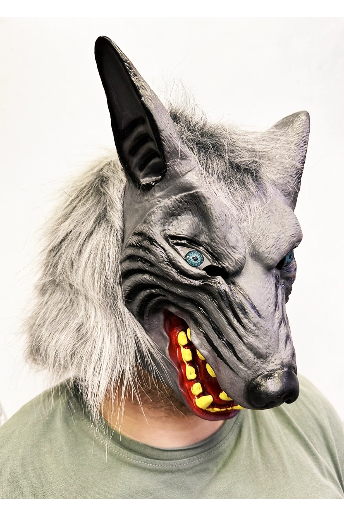 Kafaya Tam Geçmeli Lateks Mavi Gözlü Dişli Ağzı Açık Kurt Maskesi (5047)