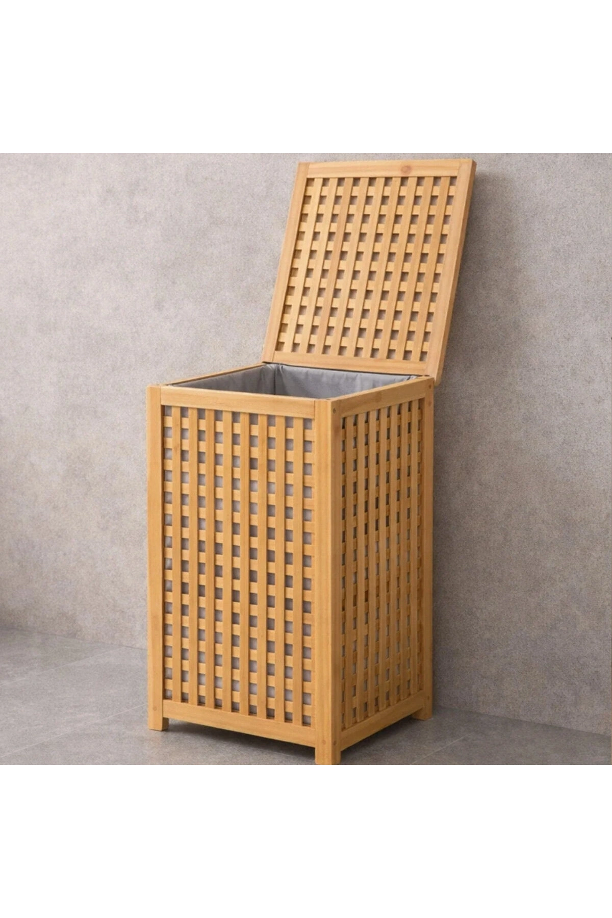 KALIN AHŞAP BAMBU KİRLİ ÇAMAŞIR SEPETİ KUMAŞ ÇANTALI SEPET=40X40X58CM (5047)