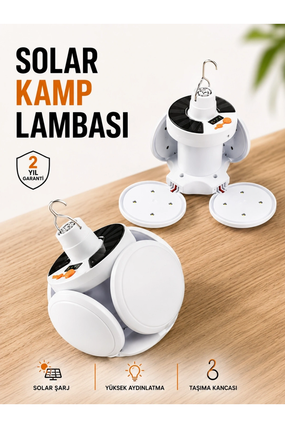 Kamp Lambası Işıldak Beyaz Işık Güneş Enerjili Solar Aydınlatma 5 Kanatlı Katlanabilir