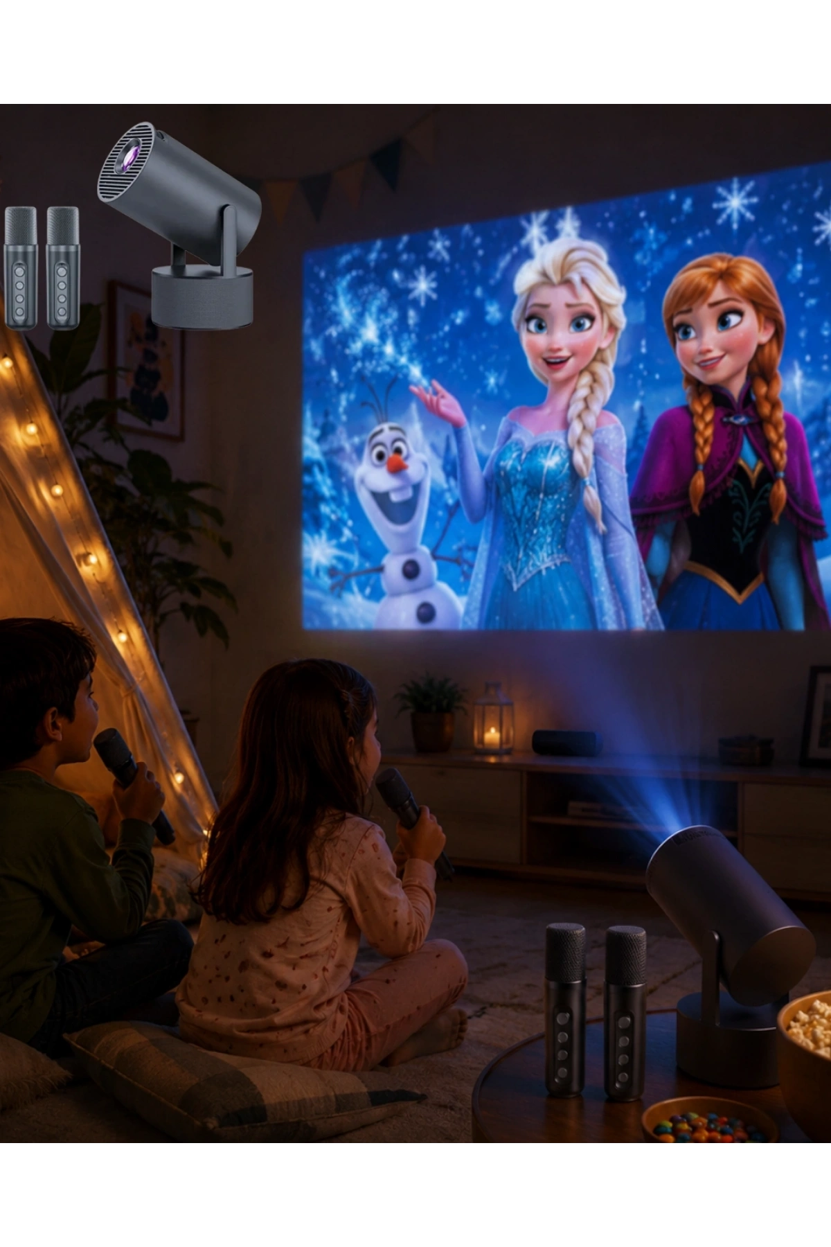 Karaoke Mikrofonlu Akıllı Projeksiyon Cihazı WiFi Bluetooth Destekli