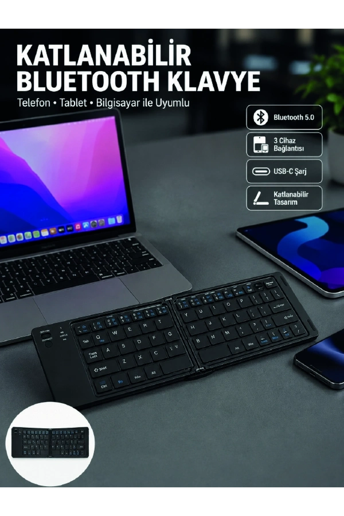 Katlanabilir Bluetooth Klavye 3 Cihaz Bağlantılı Kablosuz Taşınabilir Klavye