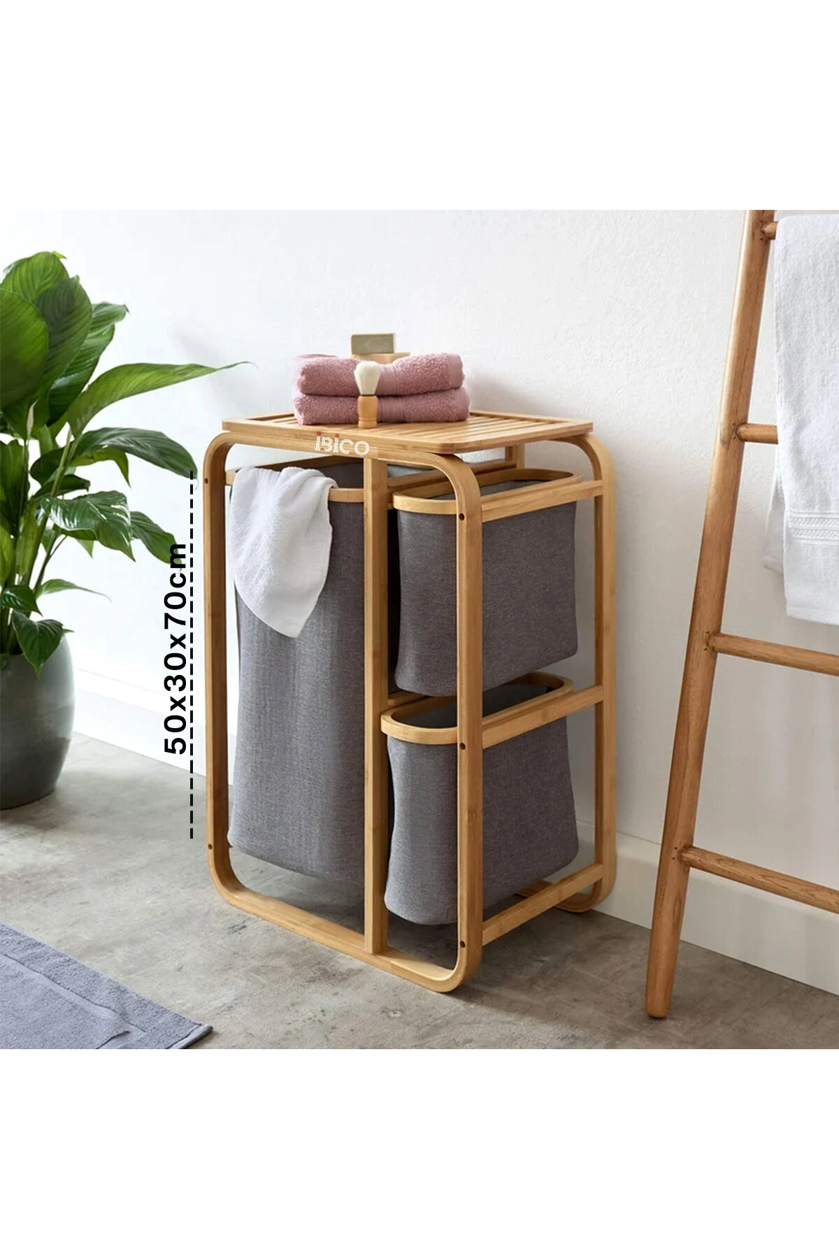 KİRLİ ÇAMAŞIR SEPETİ AHŞAP - BAMBU 3 ORGANİZER BÖLMELİ KUMAŞ ÇANTALI 50X30X70CM (5047)