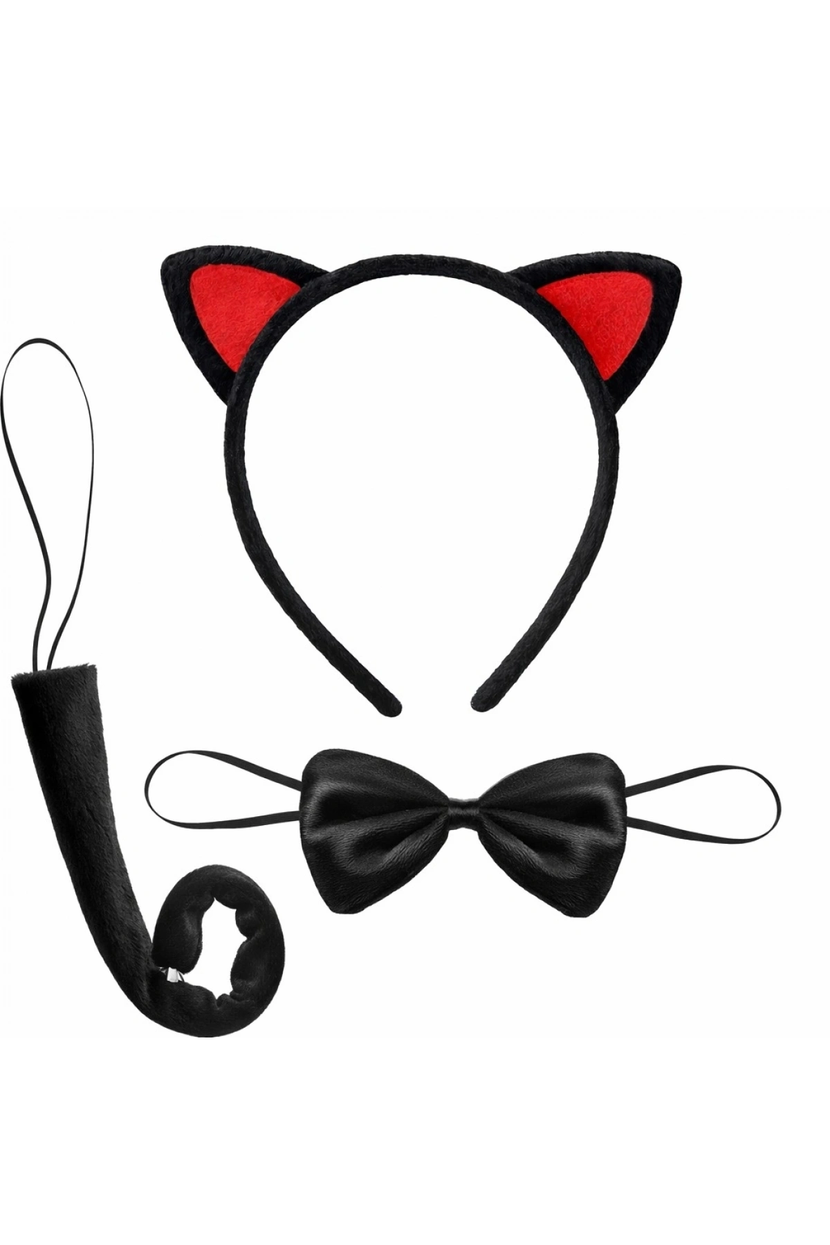 Kırmızı Kulaklı Kedi Kostüm Seti – Taç Papyon Kuyruk 3 Parça (5047)