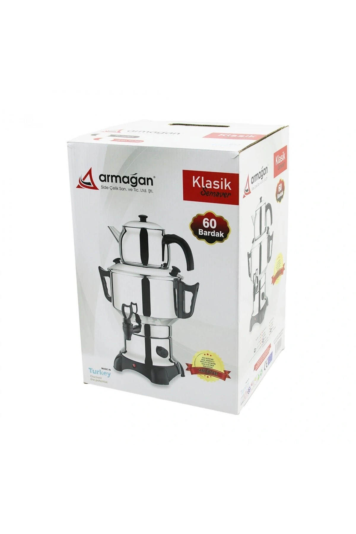 KLASİK ÇAY SETİ=DEMLİK - SU KAZANI ELEKTRİKLİ SEMAVER 60 BARDAK 6LT - TEK MUSLUK 1500W GİZLİ REZİSTANS (5047)