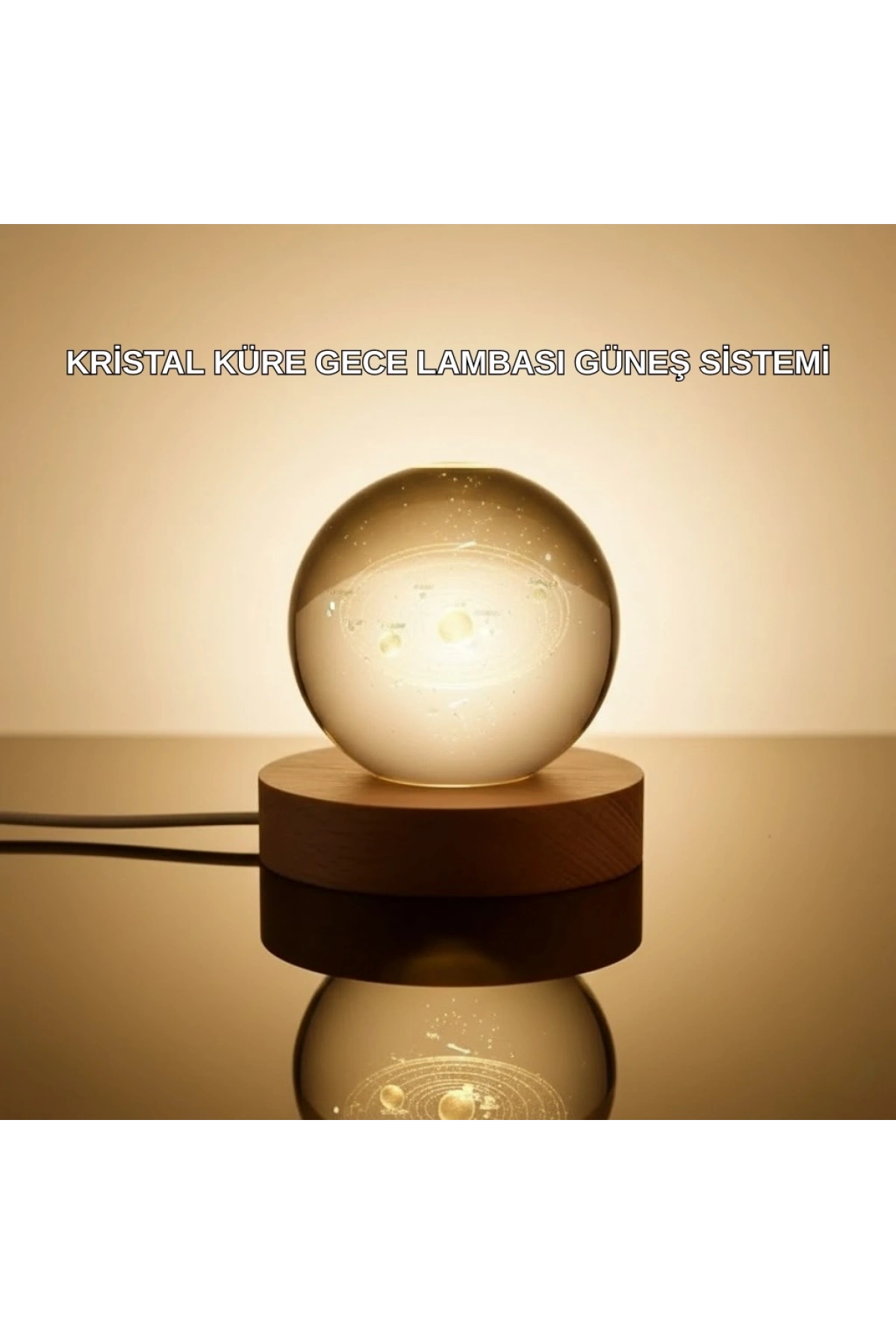 Kristal Gezegen Küre Ahşap Tabanlı USB Işıklı Gece Lambası