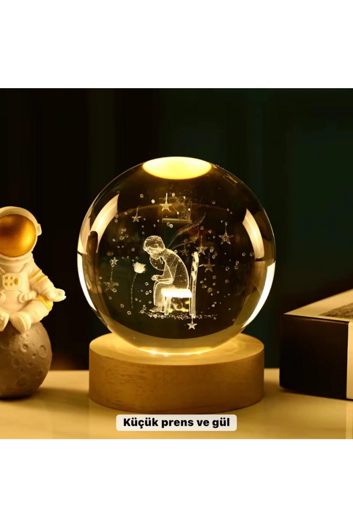 Küçük Prens Temalı Büyük Boy Işıklı Cam Küre Ahşap Stand