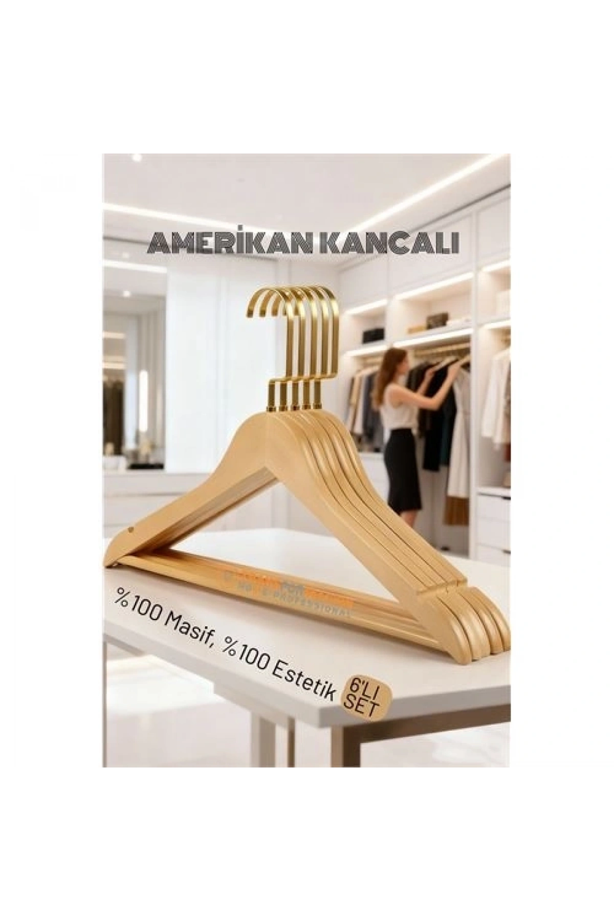 LasVegas Ahşap Elbise Askısı - 6lı Set, Lüks Amerikan Kancalı Gardırop Düzenleyici