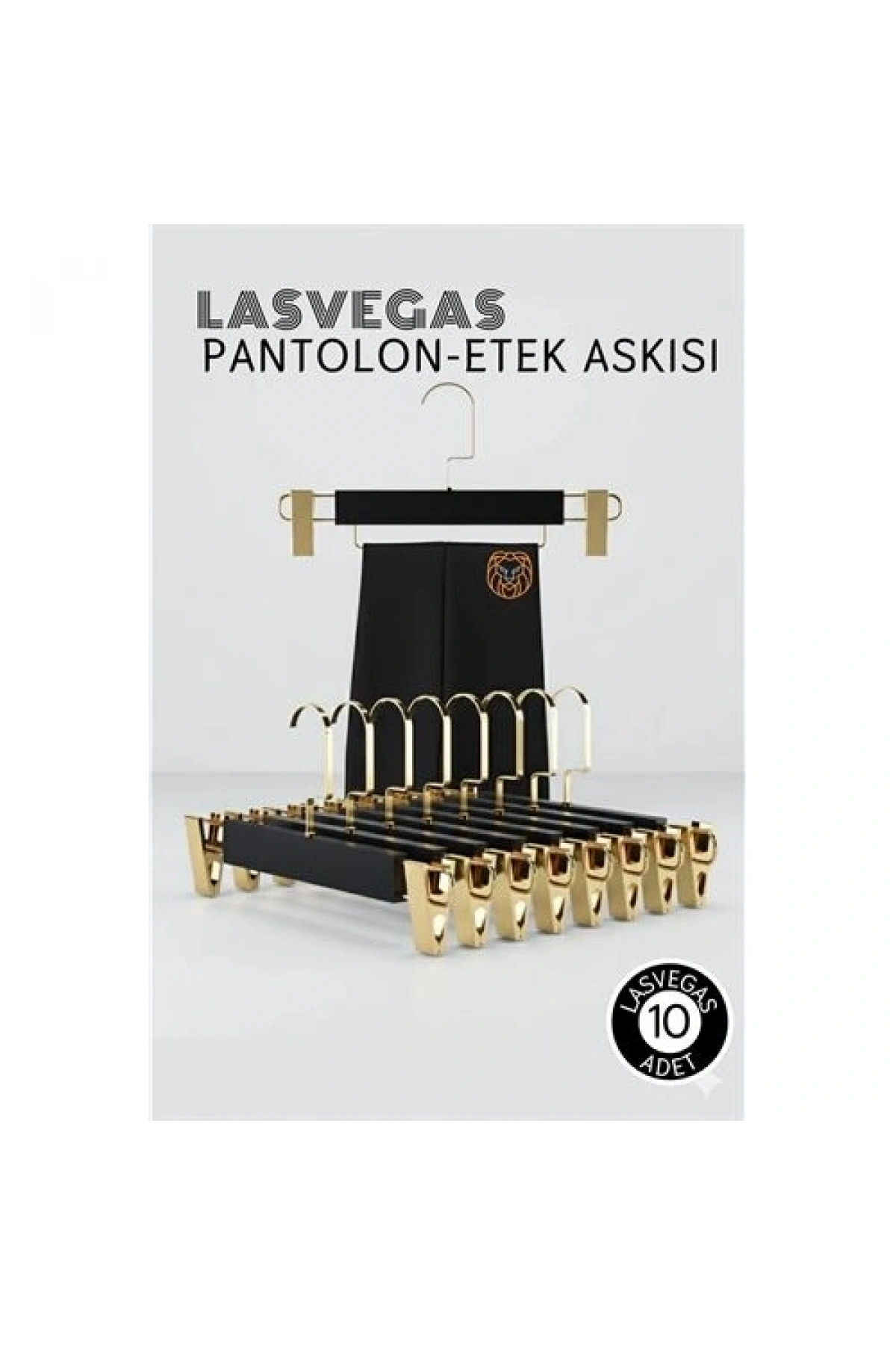 LasVegas  Siyah Ahşap Pantolon ve Etek Askı Seti 10lu Set, Lüks Amerikan Kancalı