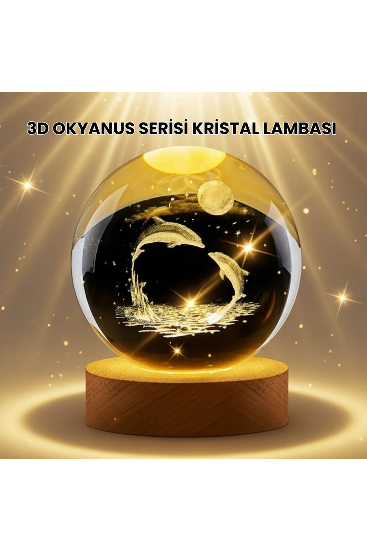 Lazer İşlemeli Yunus Kristal Küre Sıcak Işıklı Ahşap Standlı