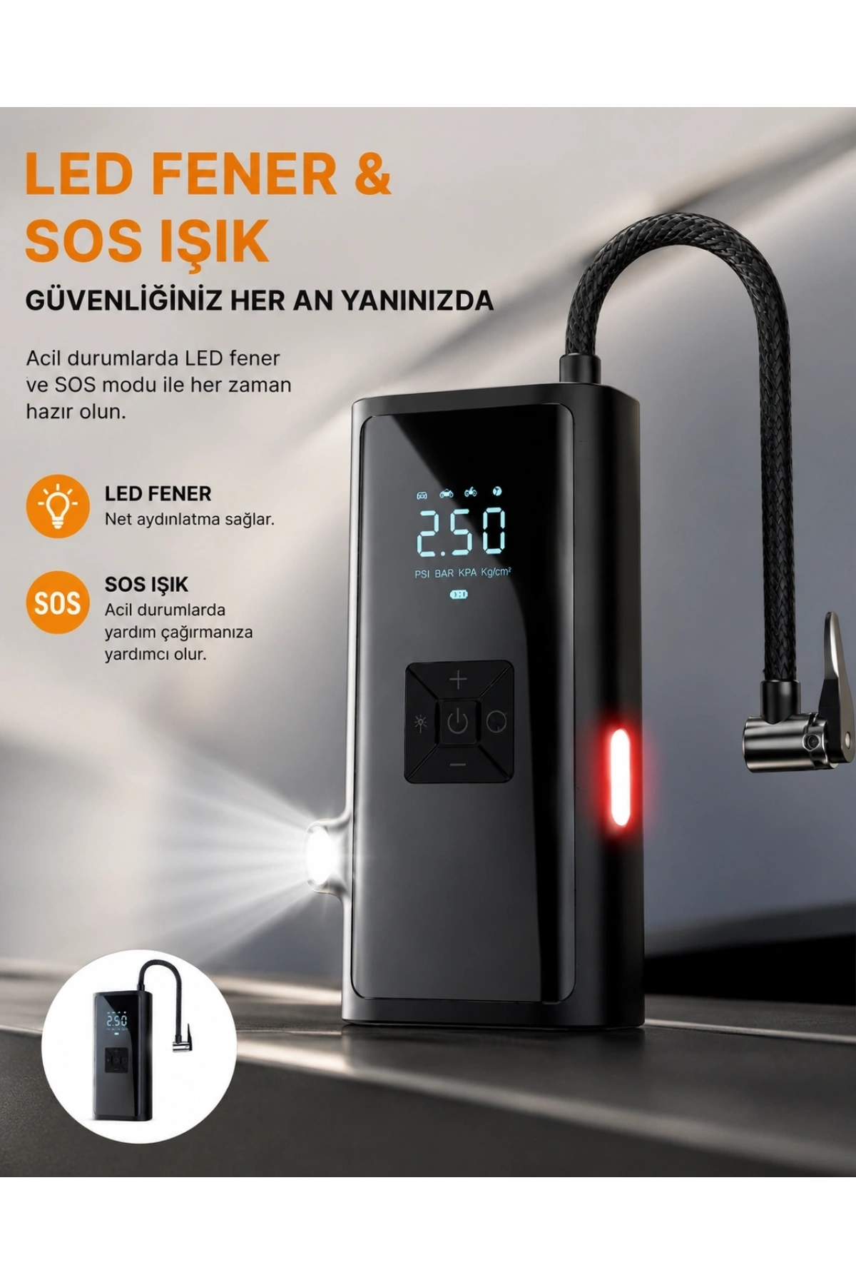 LED Fenerli ve SOS Işıklı Çok Fonksiyonlu Hava Kompresörü Yeni Nesil