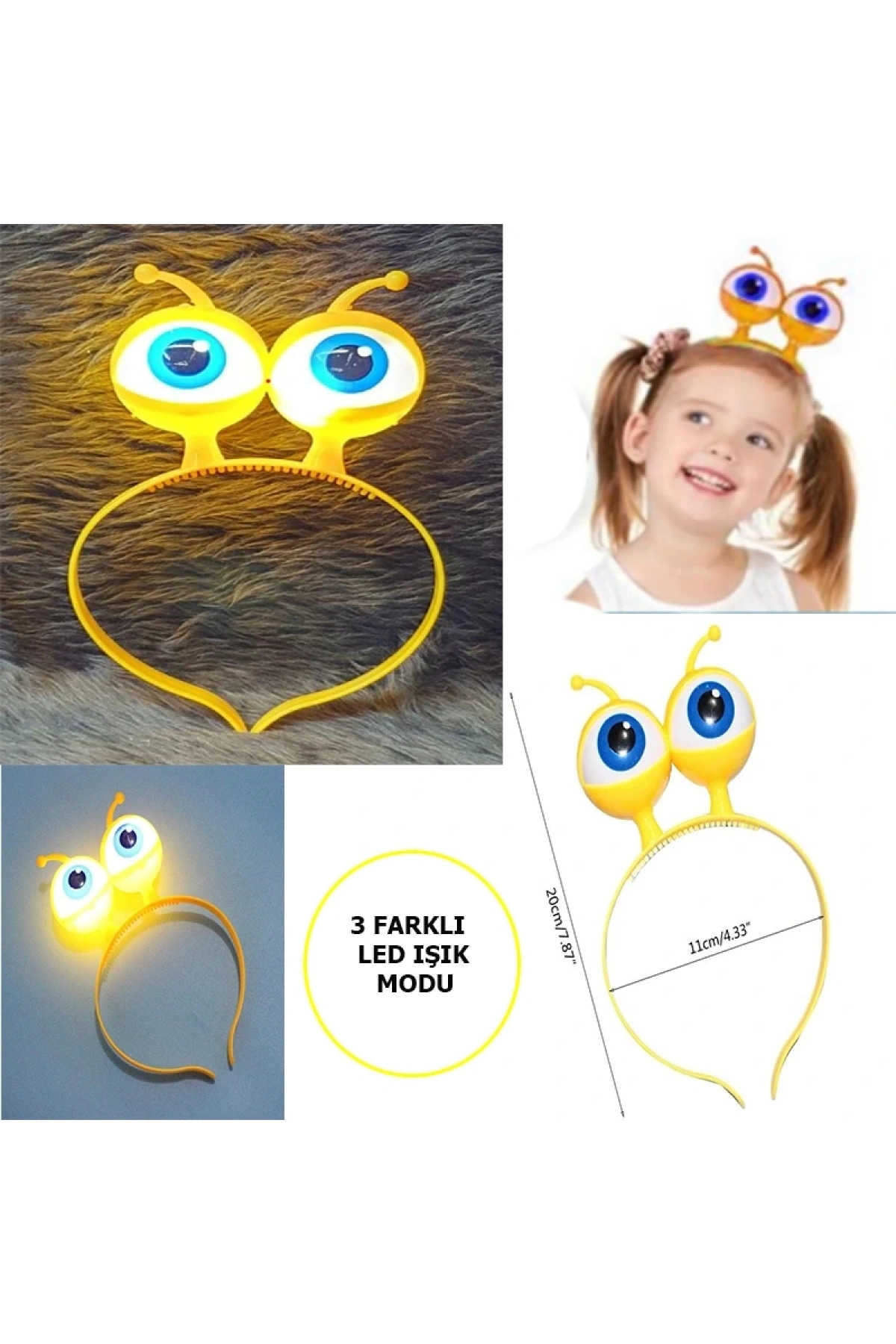 Led Işıklı &amp;amp; Pilli 3 Farklı Modda Yanan Uzaylı Göz Parti Tacı Sarı Renk 18x12 cm (5047)