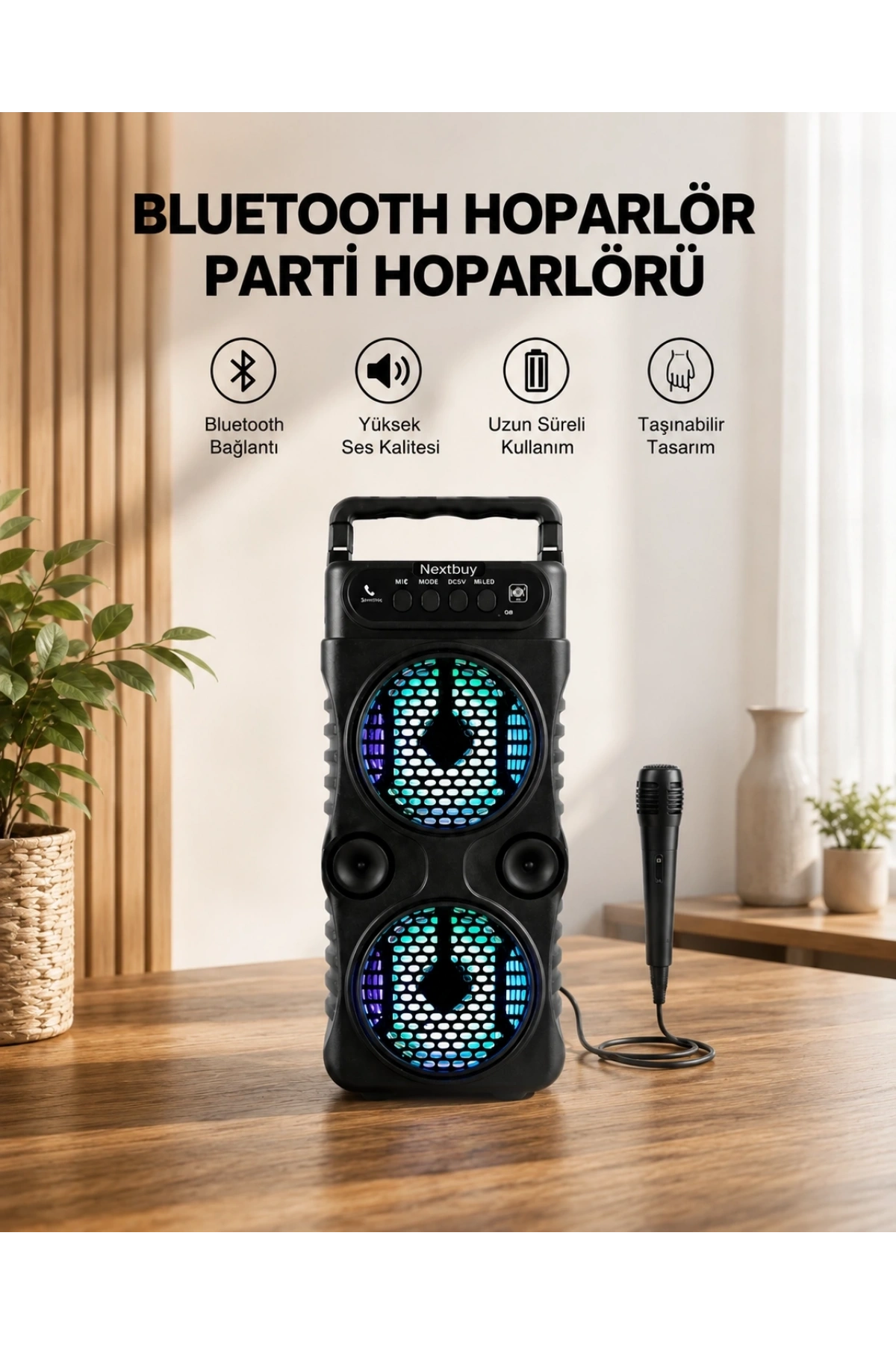 LED Işıklı Bluetoothlu Hoparlör Mikrofonlu Taşınabilir Ses Sistemi
