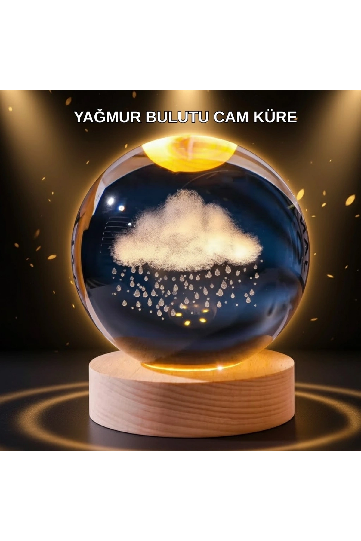 LED Sıcak Işıklı 3D Bulut Figürlü Kristal Küre Ahşap Standlı Gece Lambası