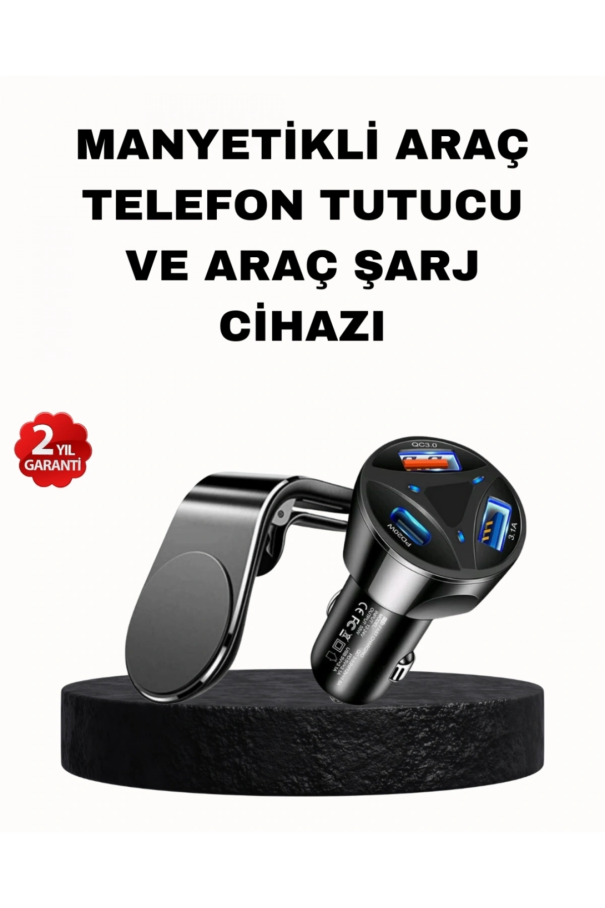 Manyetik Araç Telefon Tutucu ve Hızlı Şarj Adaptörü 2’li Set
