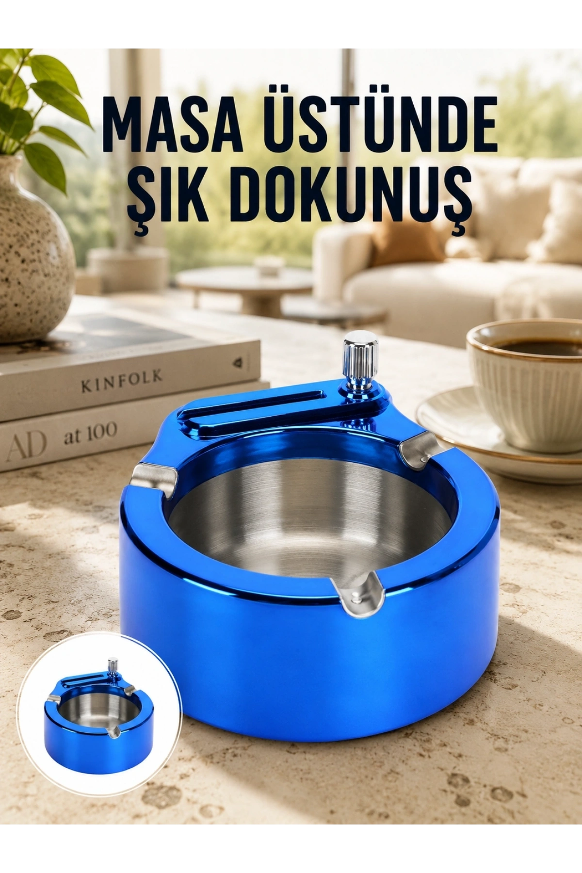 Masa Üstü Çakmaklı Küllük Paslanmaz Metal Gövde